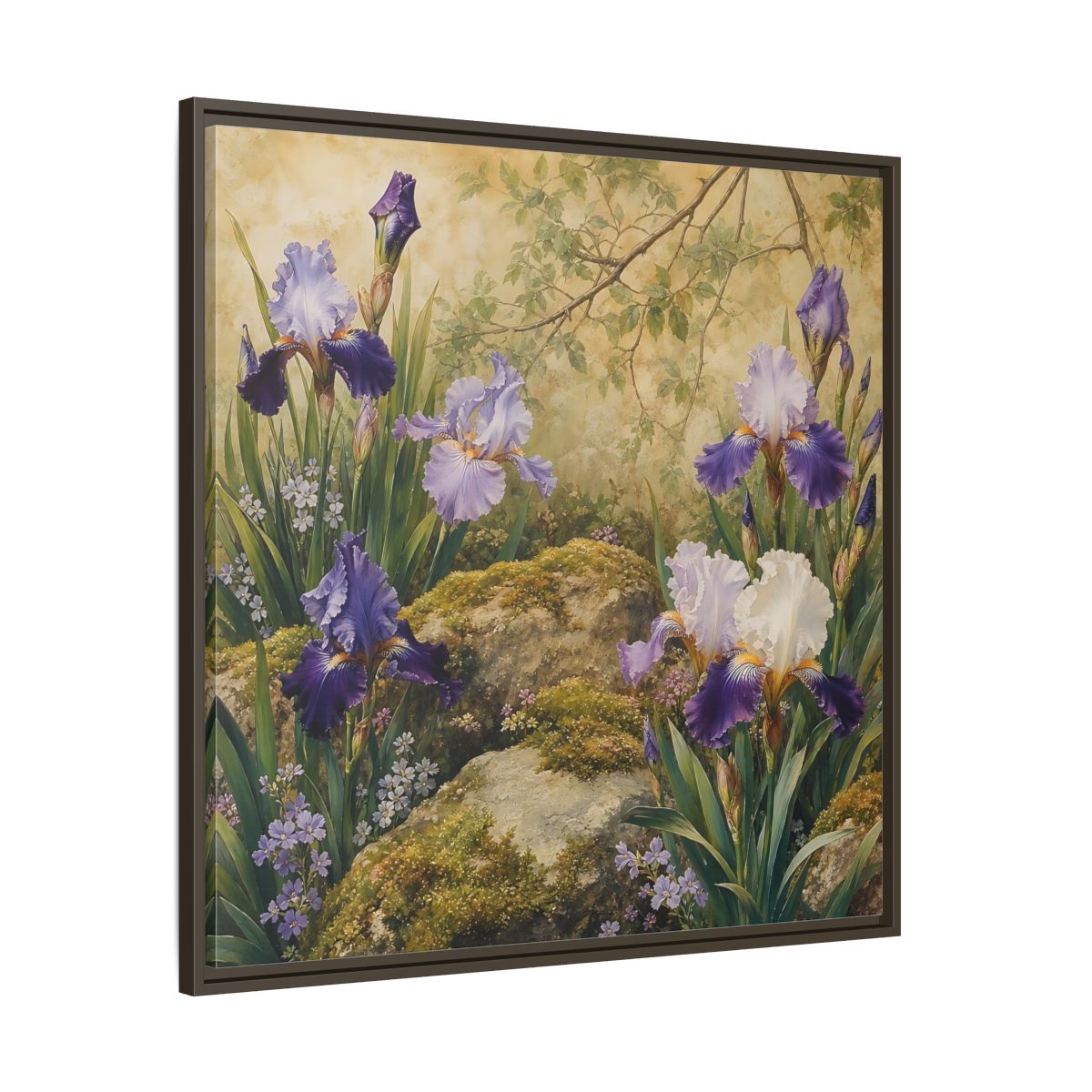 Main Mockup. Floral Irises Purple Irises shown as stretched canvas wall art