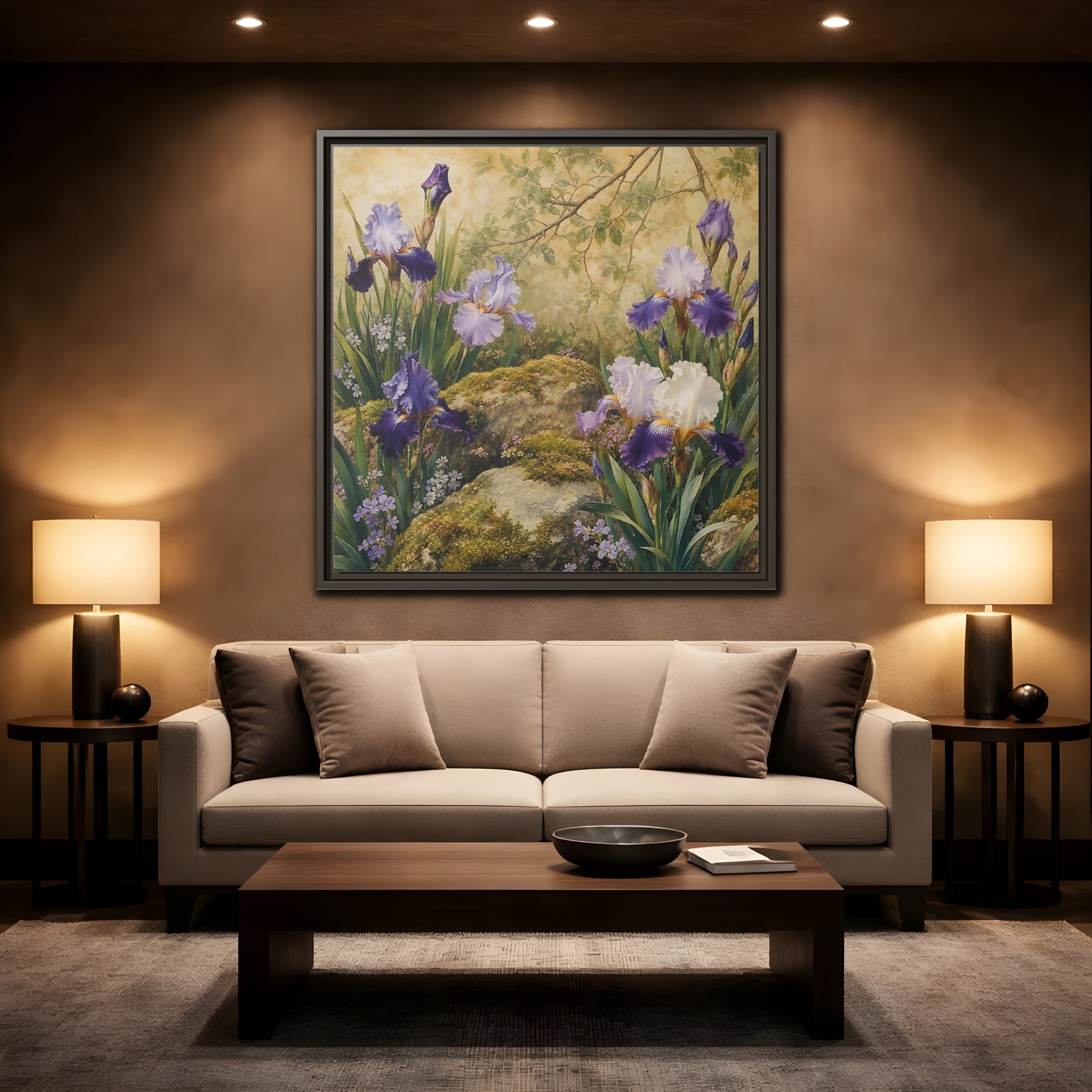 Mockup 2. Floral Irises Purple Irises shown as stretched canvas wall art