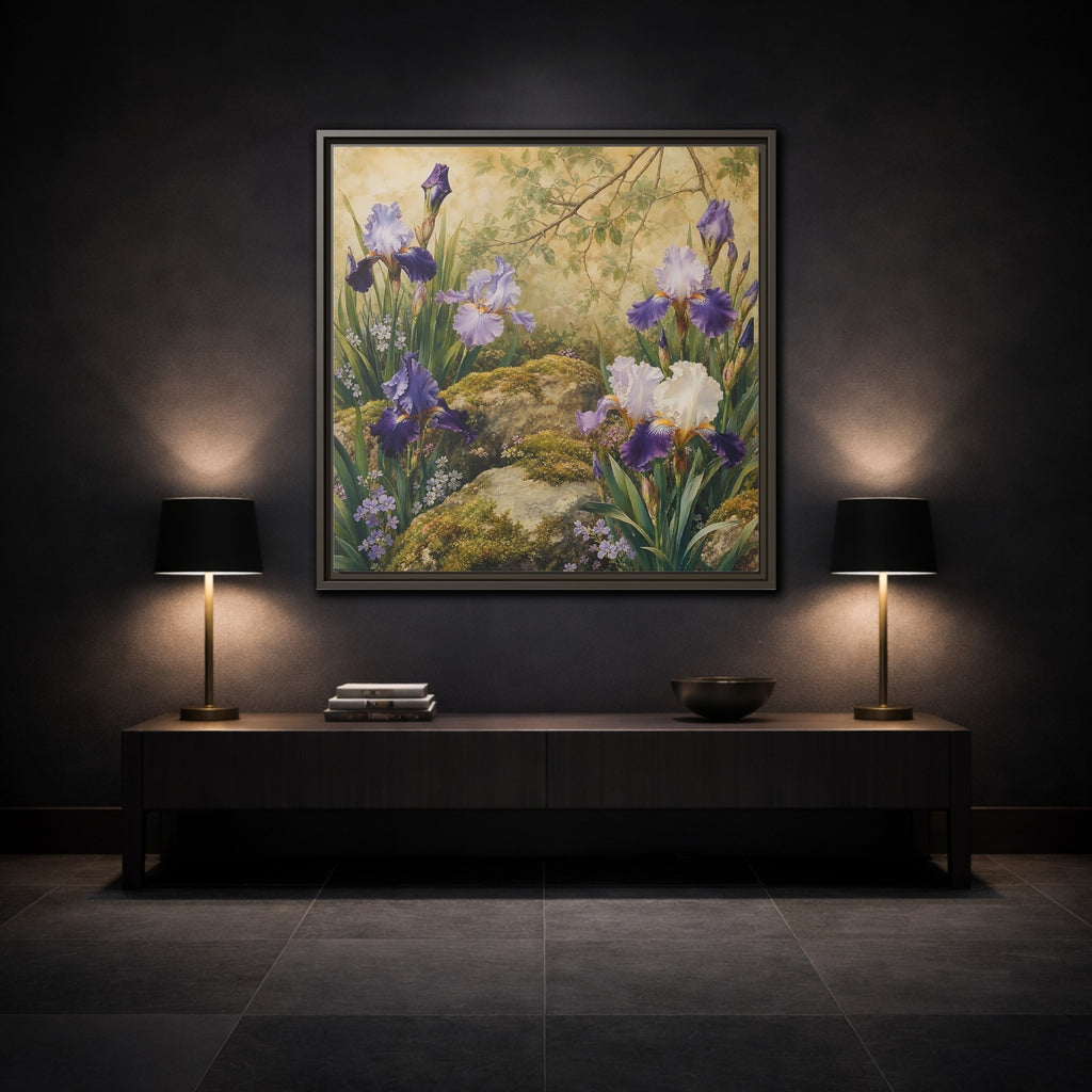 Mockup 3. Floral Irises Purple Irises shown as stretched canvas wall art