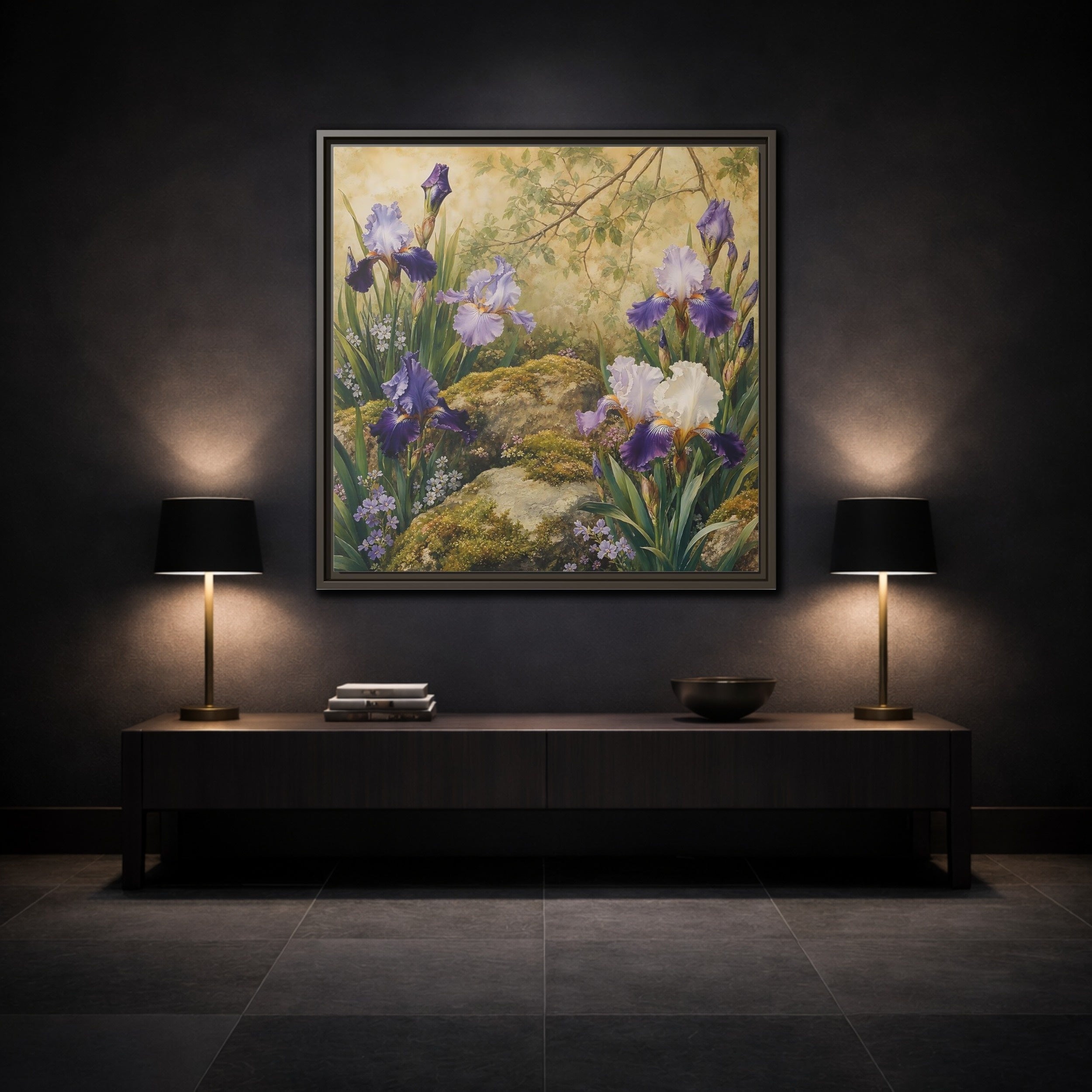 Mockup 3. Floral Irises Purple Irises shown as stretched canvas wall art