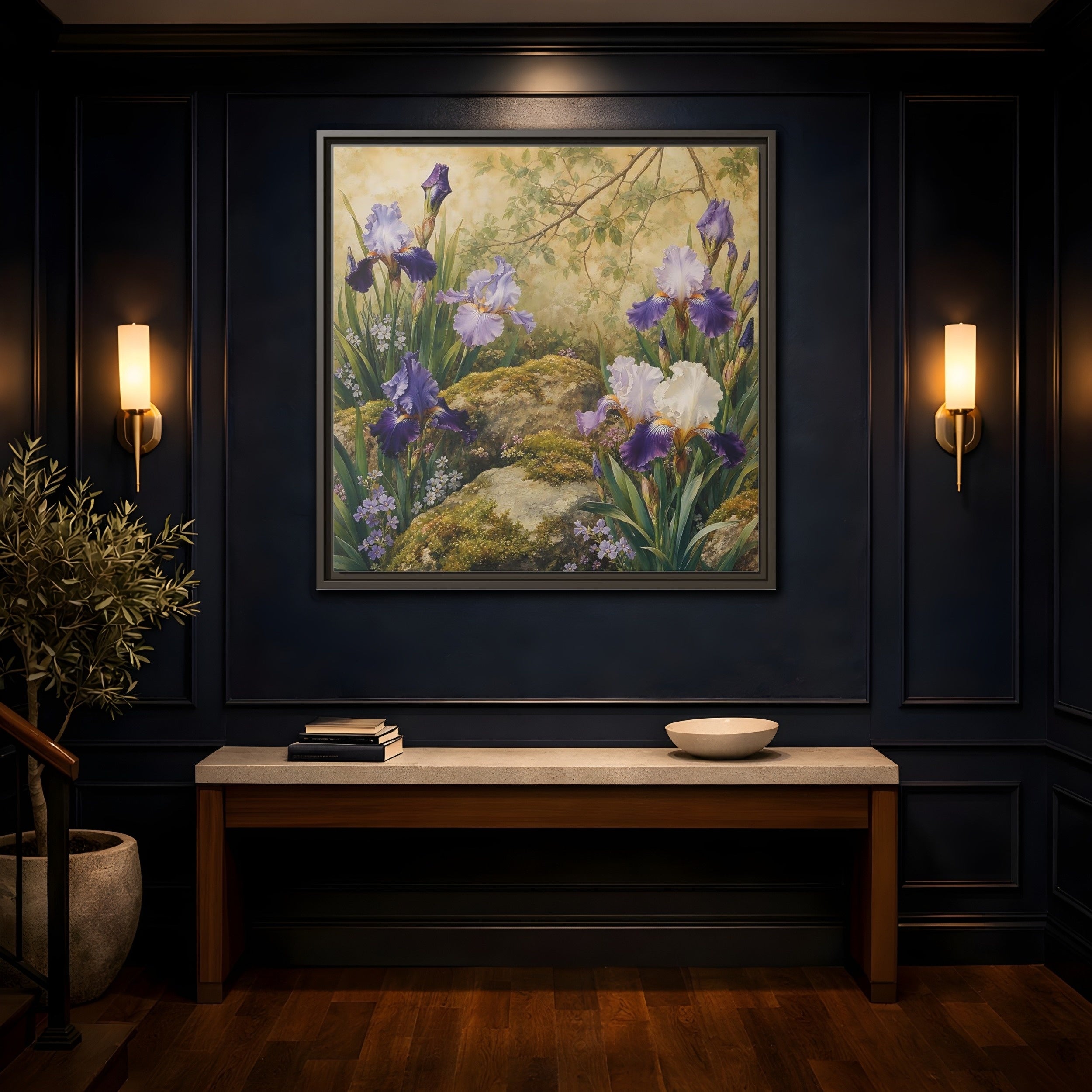 Mockup 4. Floral Irises Purple Irises shown as stretched canvas wall art