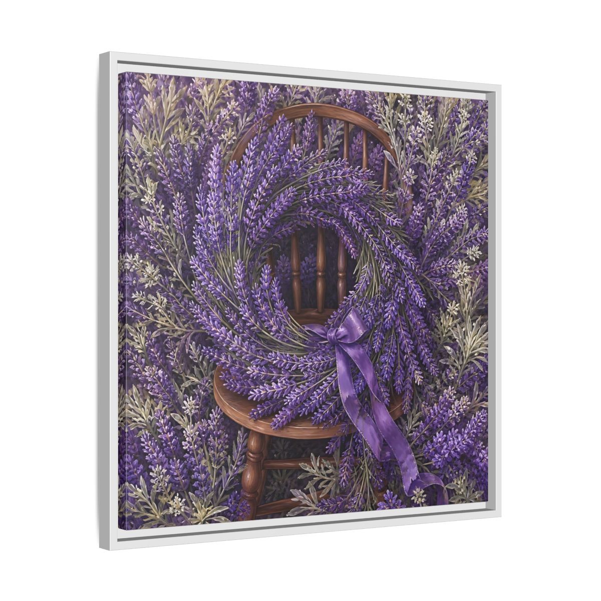 Side Mockup 26. Floral Lavender Wreath Purple Lavender shown as stretched canvas wall art