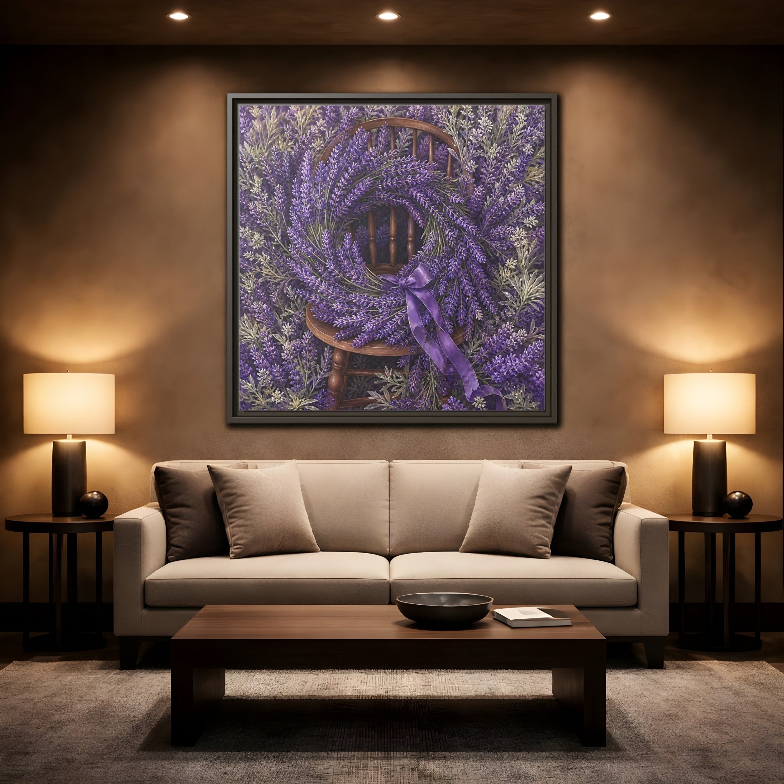 Mockup 2. Floral Lavender Wreath Purple Lavender shown as stretched canvas wall art