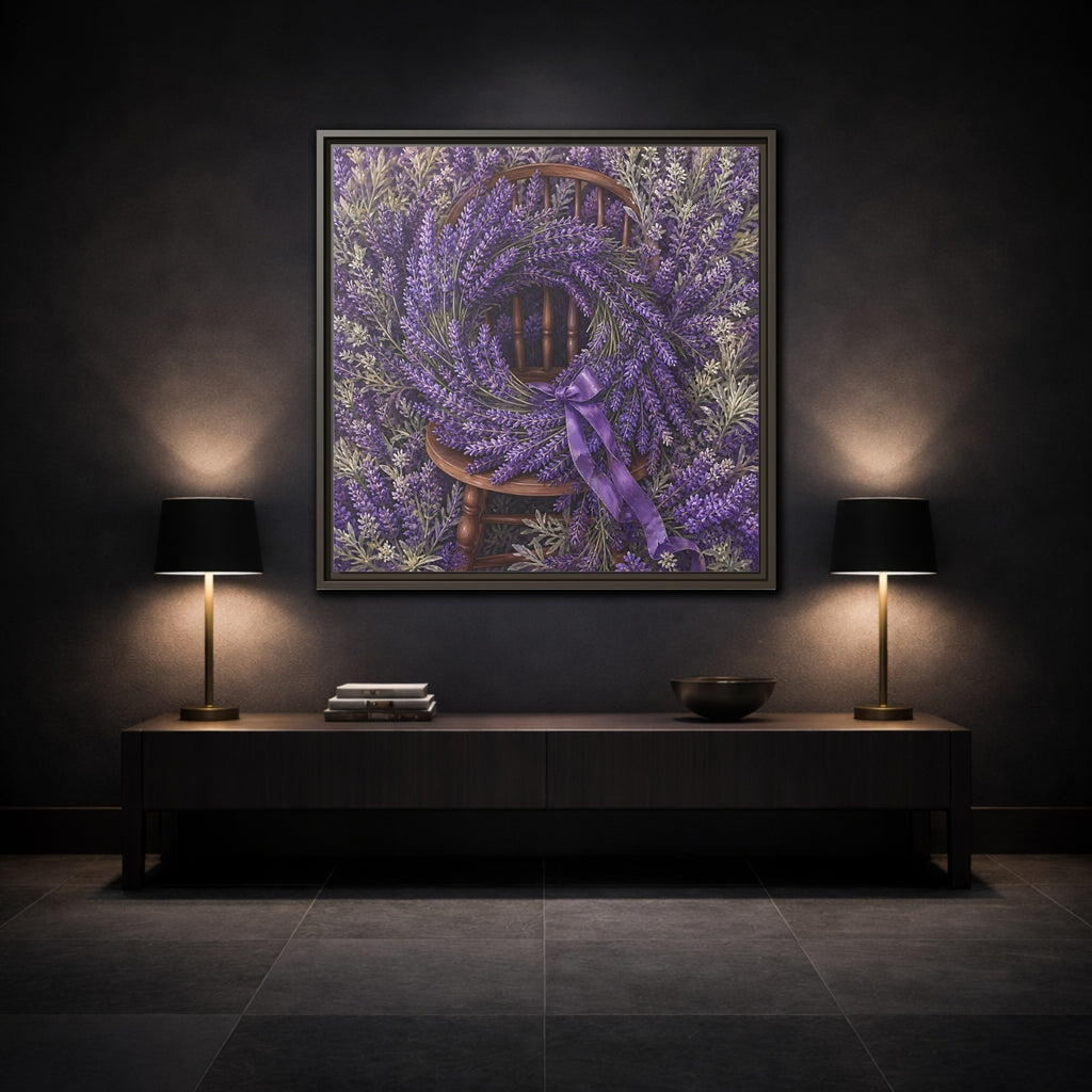 Mockup 3. Floral Lavender Wreath Purple Lavender shown as stretched canvas wall art