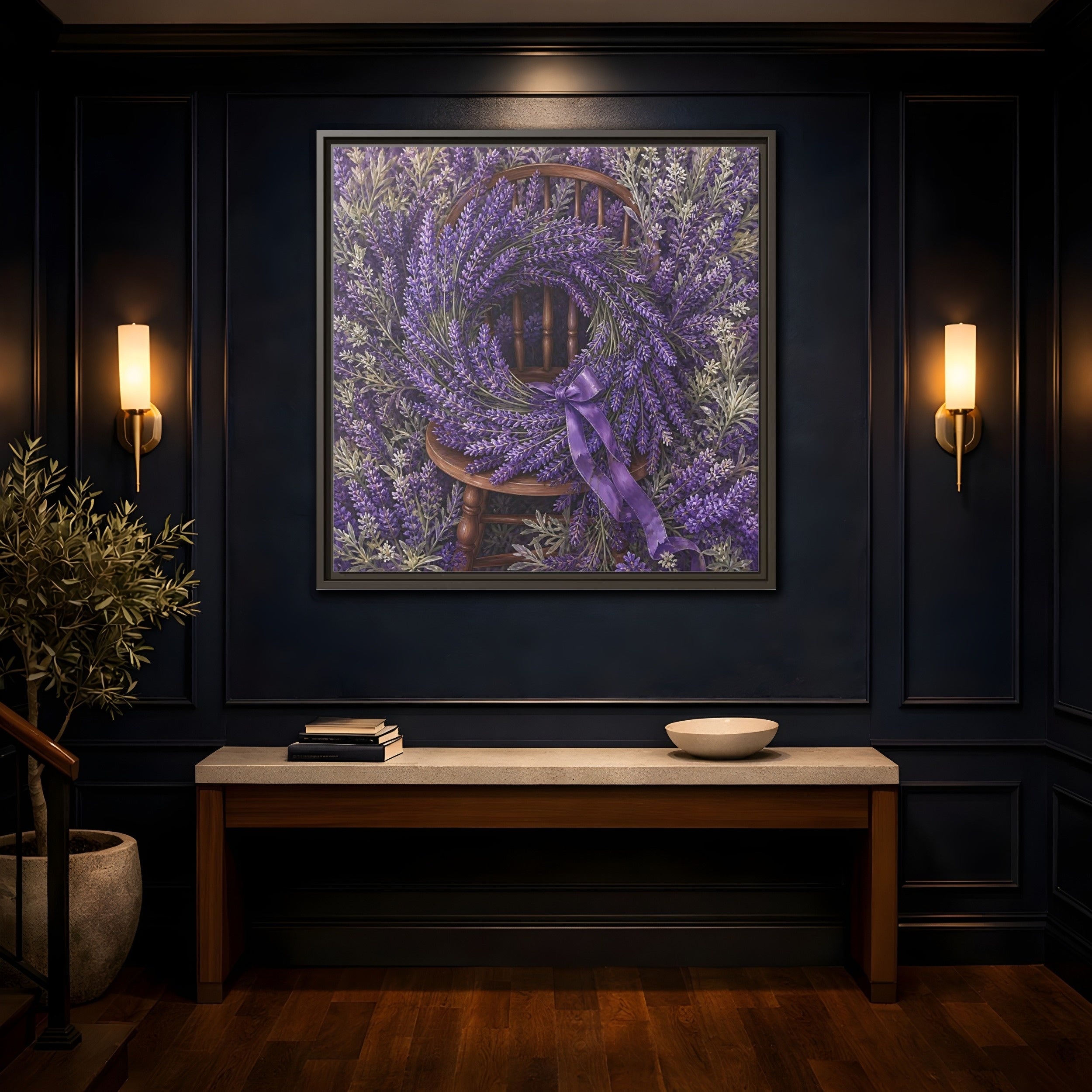 Mockup 4. Floral Lavender Wreath Purple Lavender shown as stretched canvas wall art