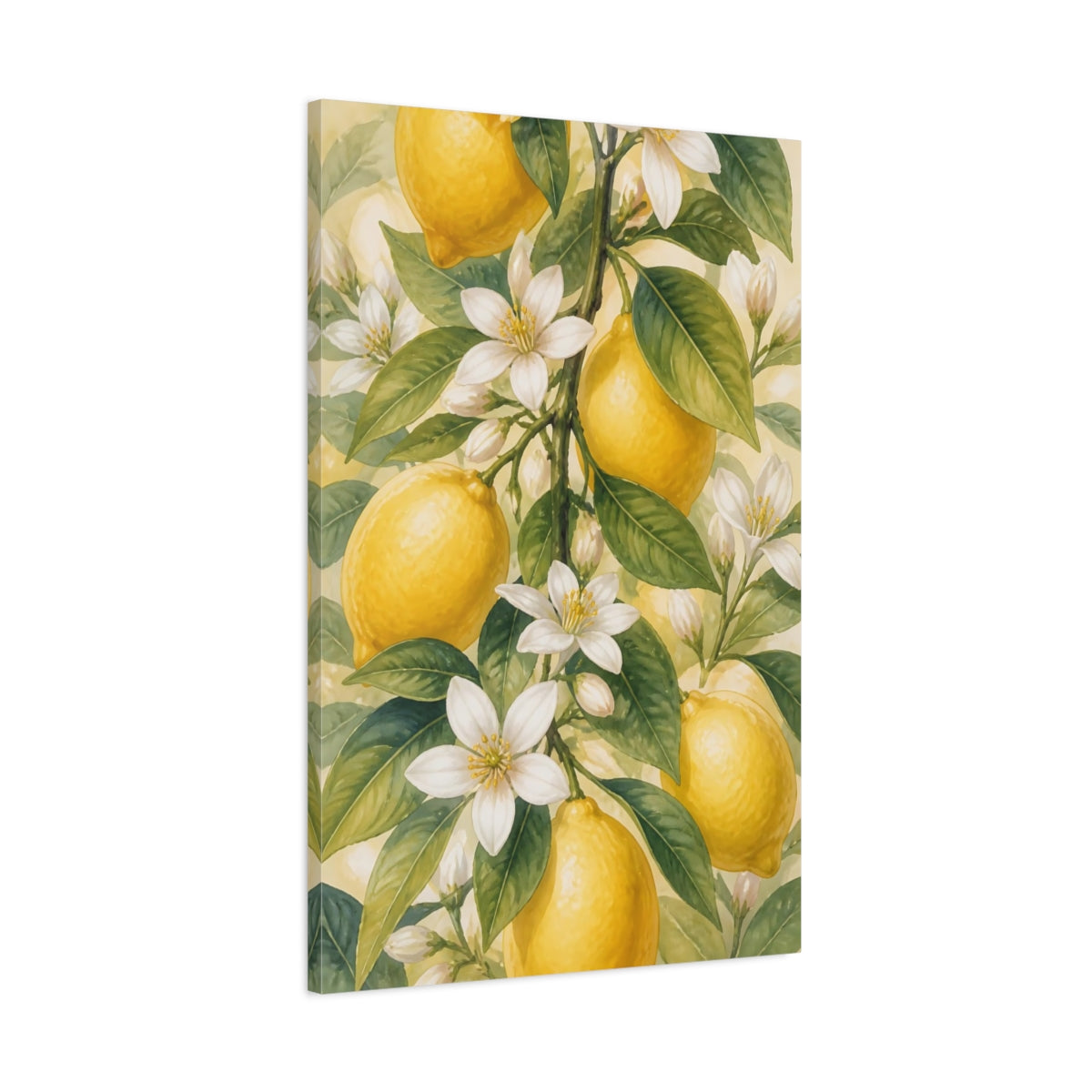 Main Mockup. Floral Lemons Yellow And Green shown as stretched canvas wall art