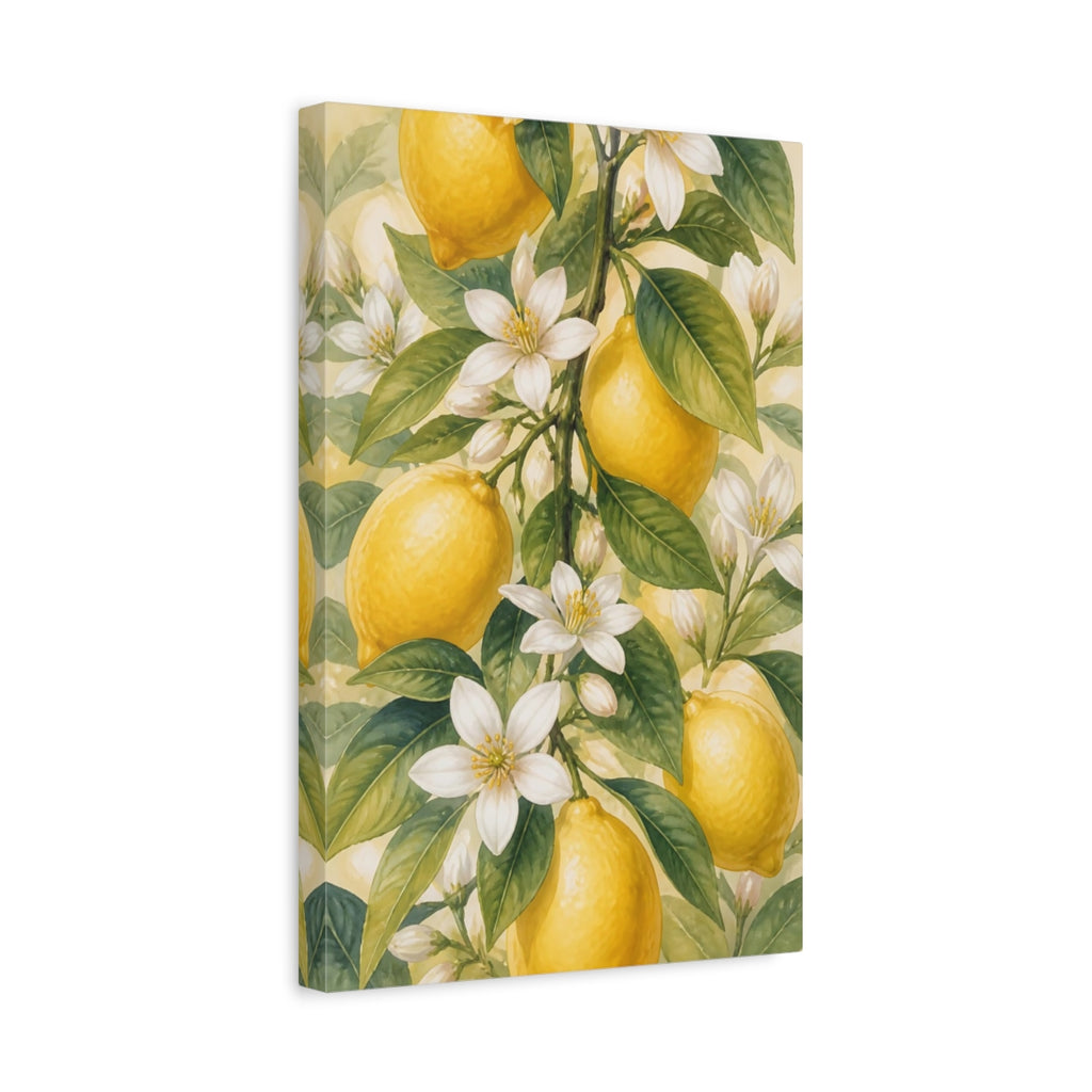 Side Mockup 4. Floral Lemons Yellow And Green shown as stretched canvas wall art