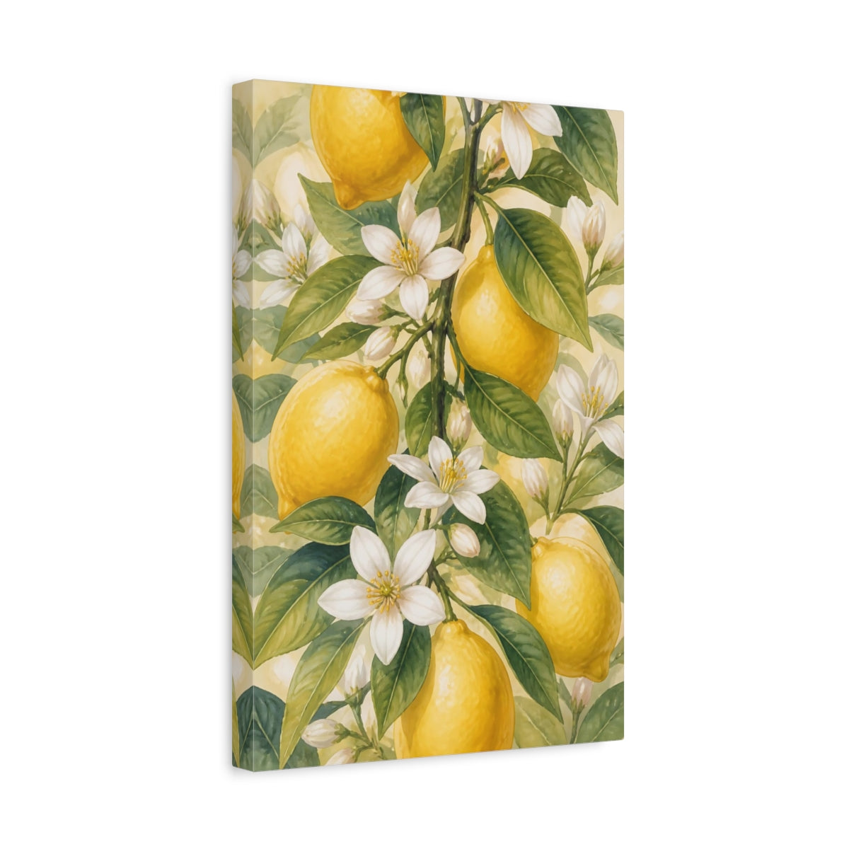 Side Mockup 4. Floral Lemons Yellow And Green shown as stretched canvas wall art