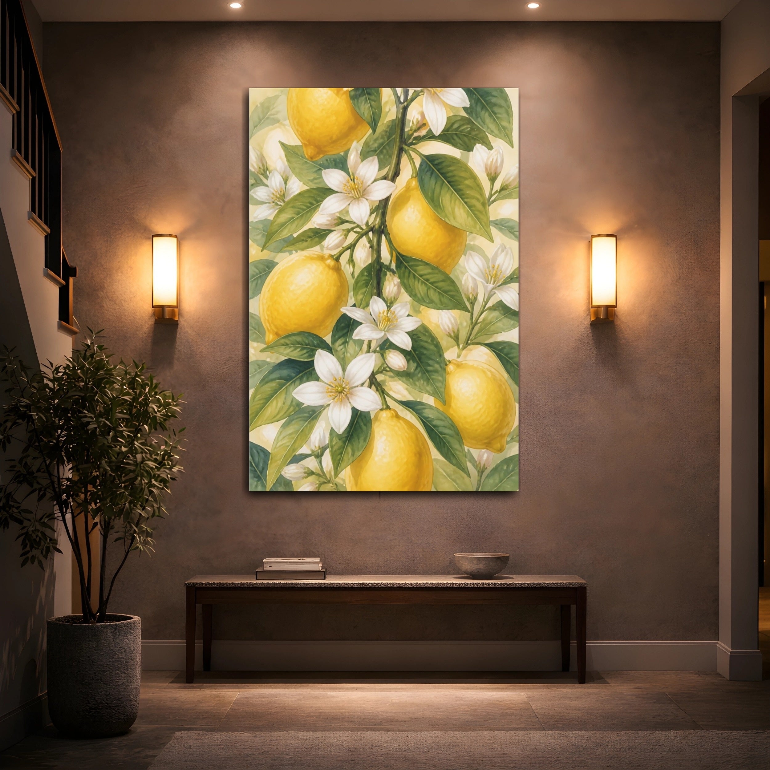 Mockup 2. Floral Lemons Yellow And Green shown as stretched canvas wall art