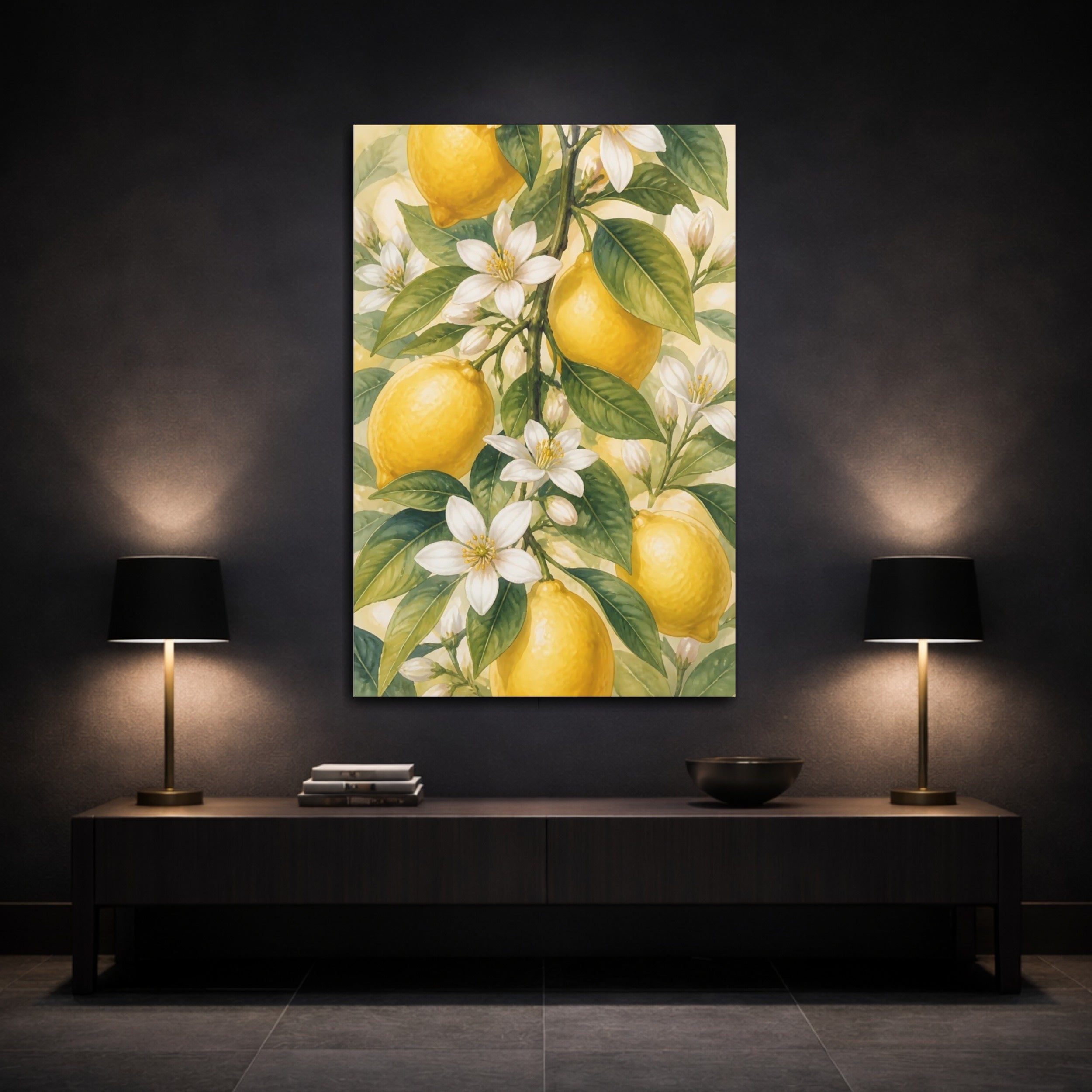 Mockup 3. Floral Lemons Yellow And Green shown as stretched canvas wall art