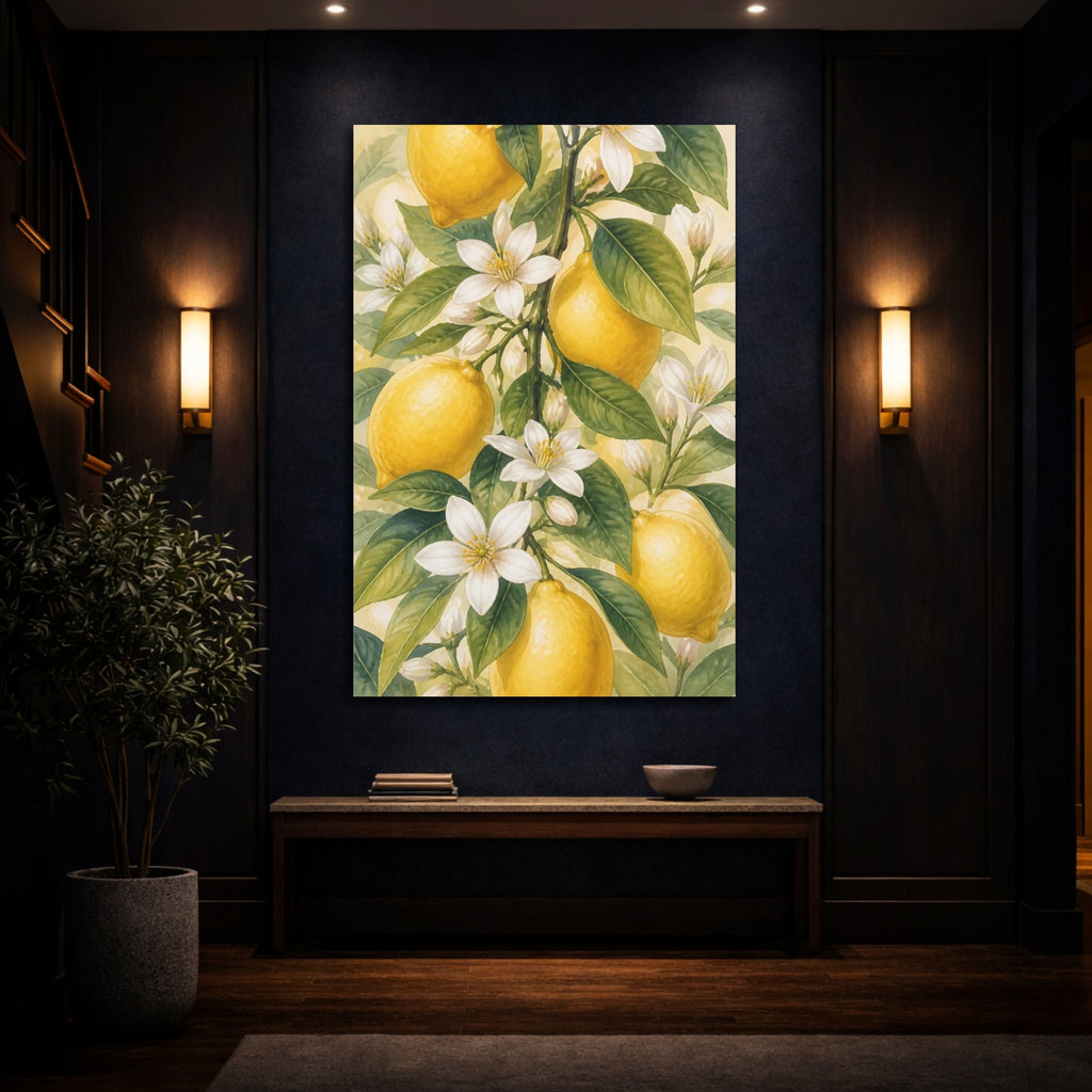Mockup 4. Floral Lemons Yellow And Green shown as stretched canvas wall art