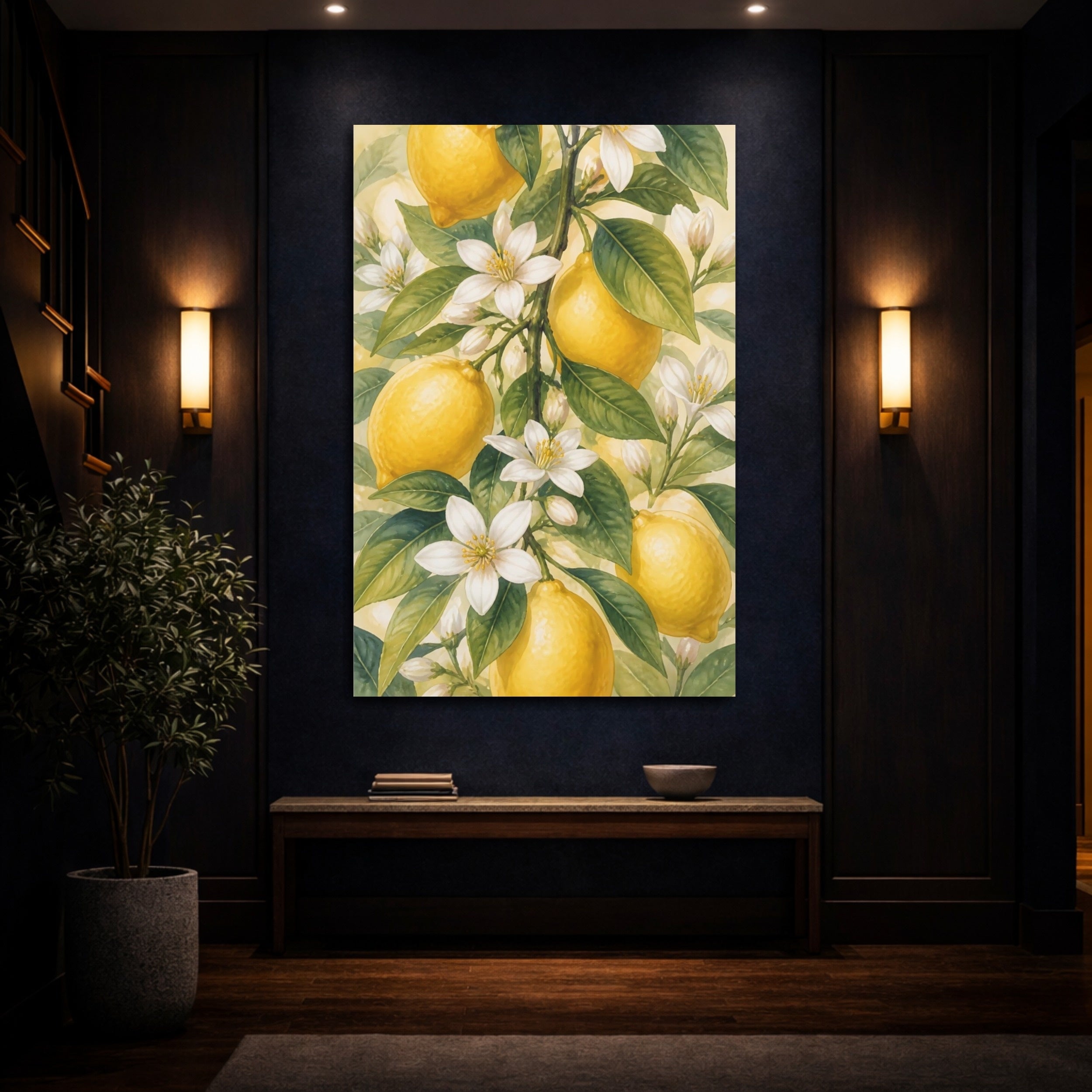 Mockup 4. Floral Lemons Yellow And Green shown as stretched canvas wall art