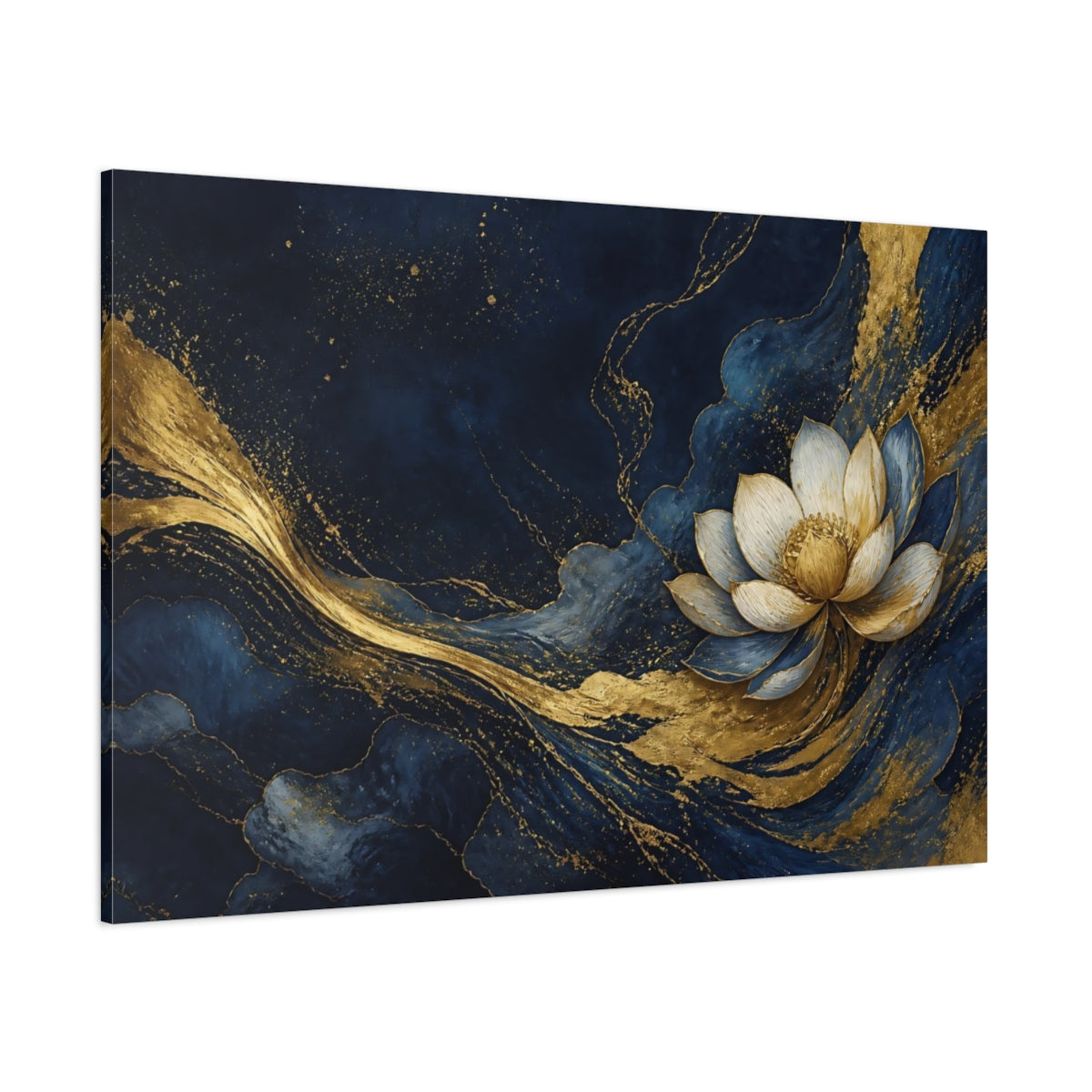 Side Mockup 1. Floral Lotus Flower Blue And Gold shown as stretched canvas wall art