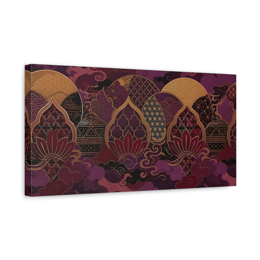 Side Mockup 3. Floral Lotus Flower Purple Gold Lotus shown as stretched canvas wall art