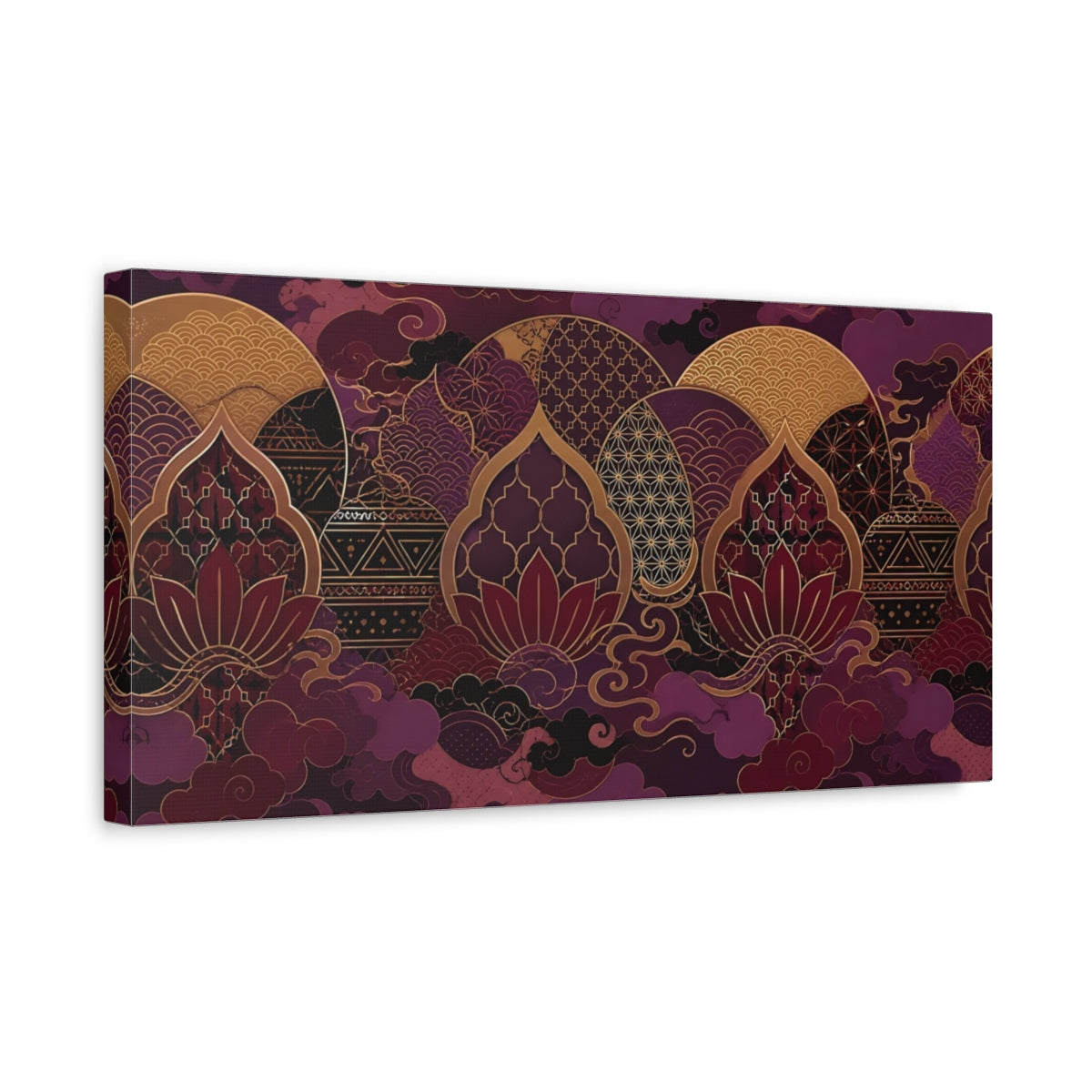 Side Mockup 3. Floral Lotus Flower Purple Gold Lotus shown as stretched canvas wall art