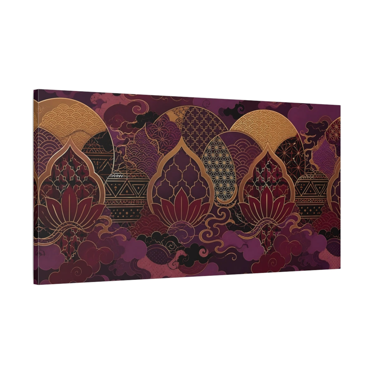 Main Mockup. Floral Lotus Flower Purple Gold Lotus shown as stretched canvas wall art