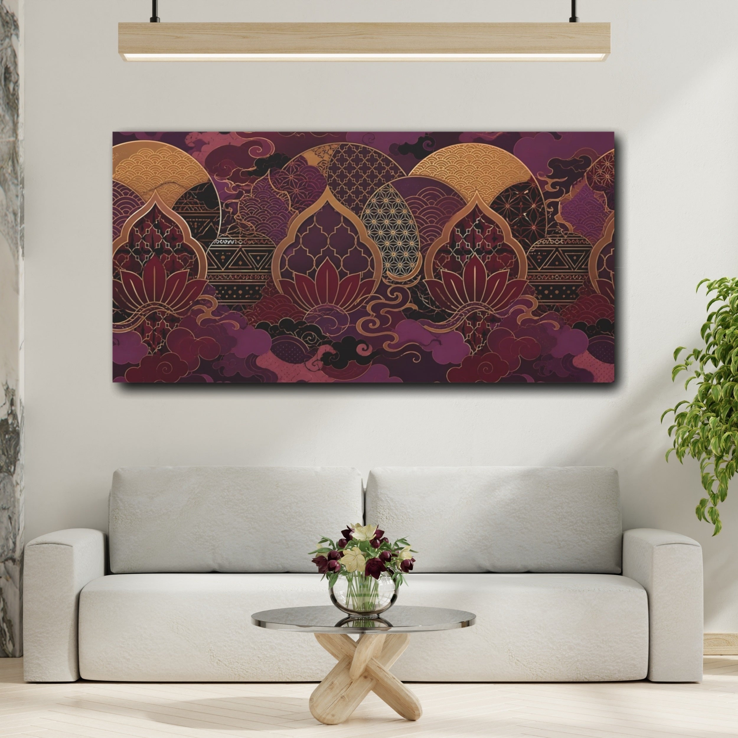 Mockup 2. Floral Lotus Flower Purple Gold Lotus shown as stretched canvas wall art