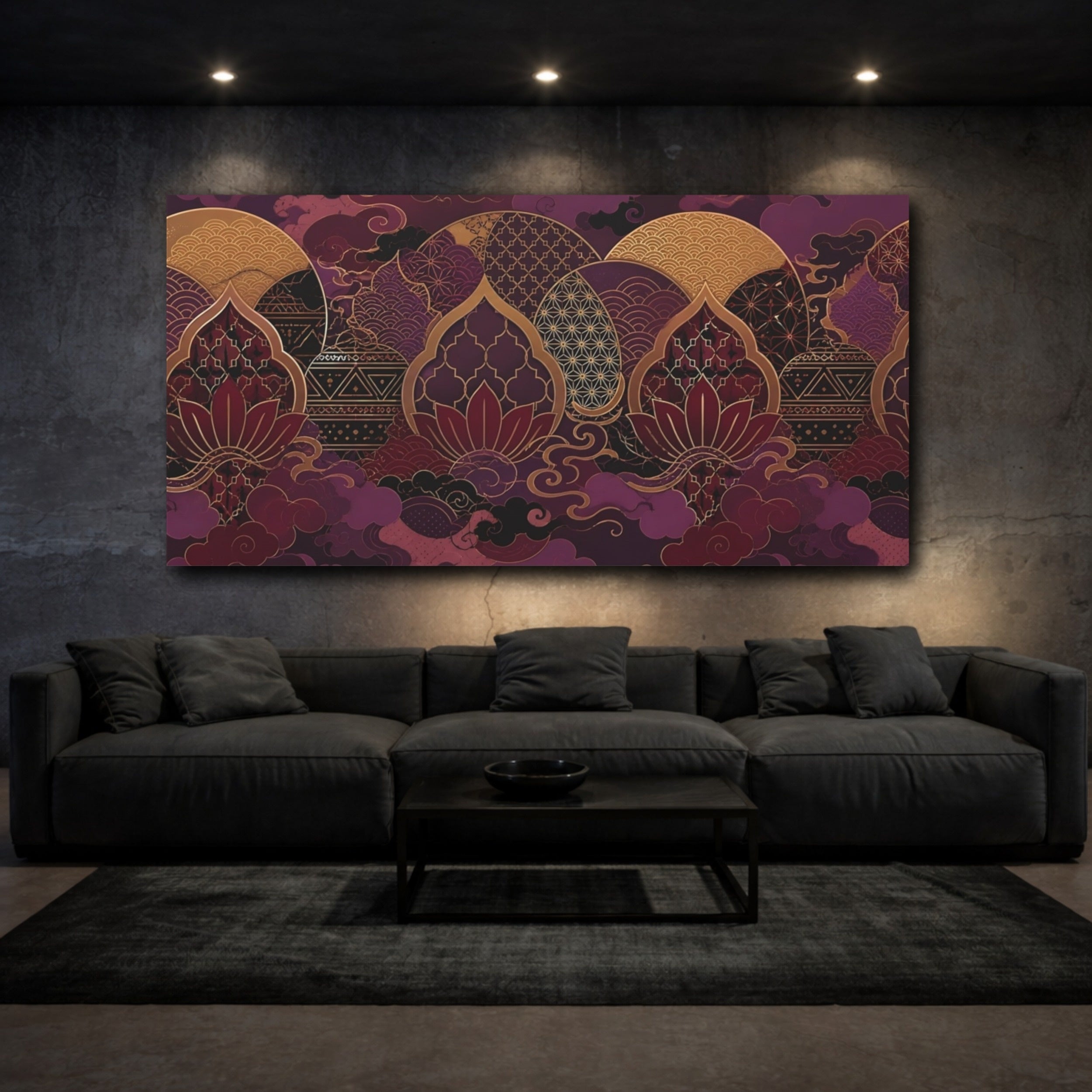 Mockup 3. Floral Lotus Flower Purple Gold Lotus shown as stretched canvas wall art