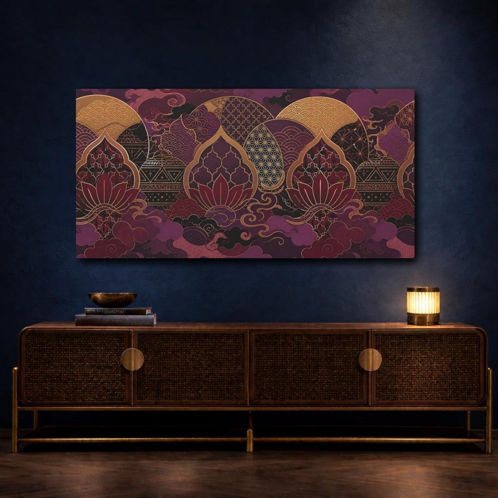 Mockup 4. Floral Lotus Flower Purple Gold Lotus shown as stretched canvas wall art