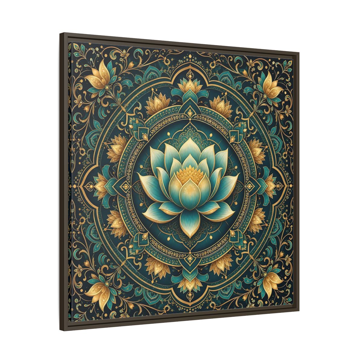 Main Mockup. Floral Lotus Flower Teal Gold Mandala shown as stretched canvas wall art