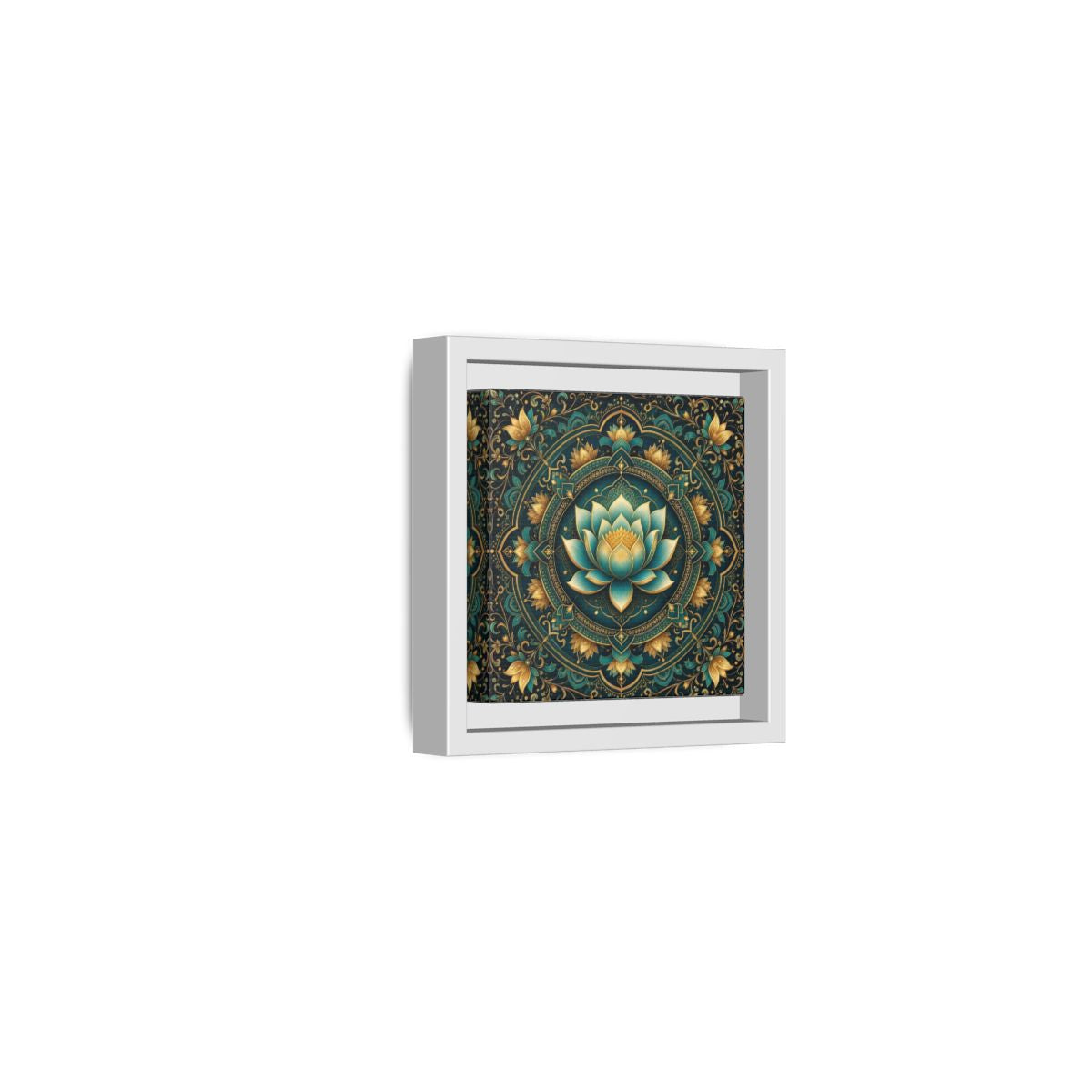 Side Mockup 22. Floral Lotus Flower Teal Gold Mandala shown as stretched canvas wall art