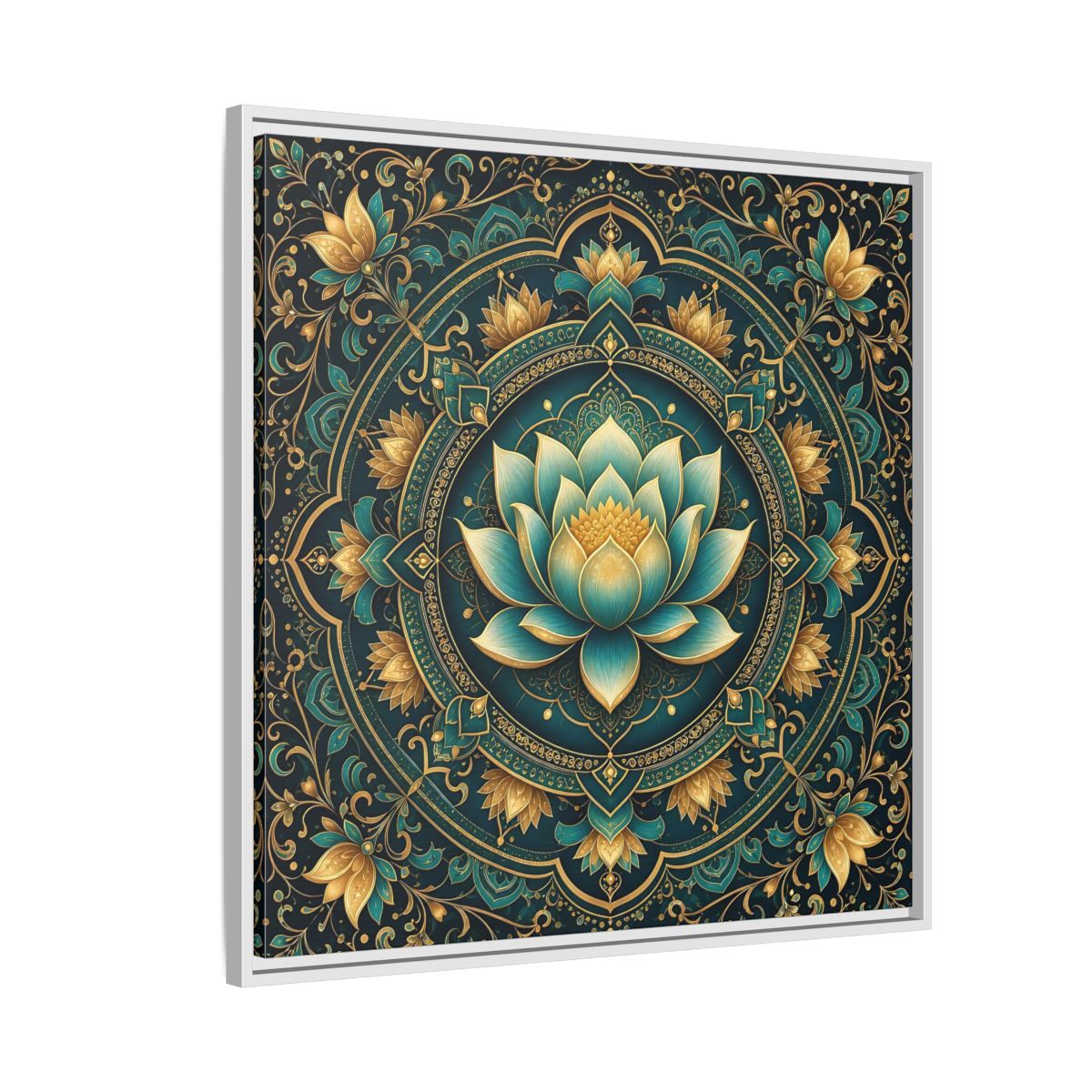 Side Mockup 7. Floral Lotus Flower Teal Gold Mandala shown as stretched canvas wall art
