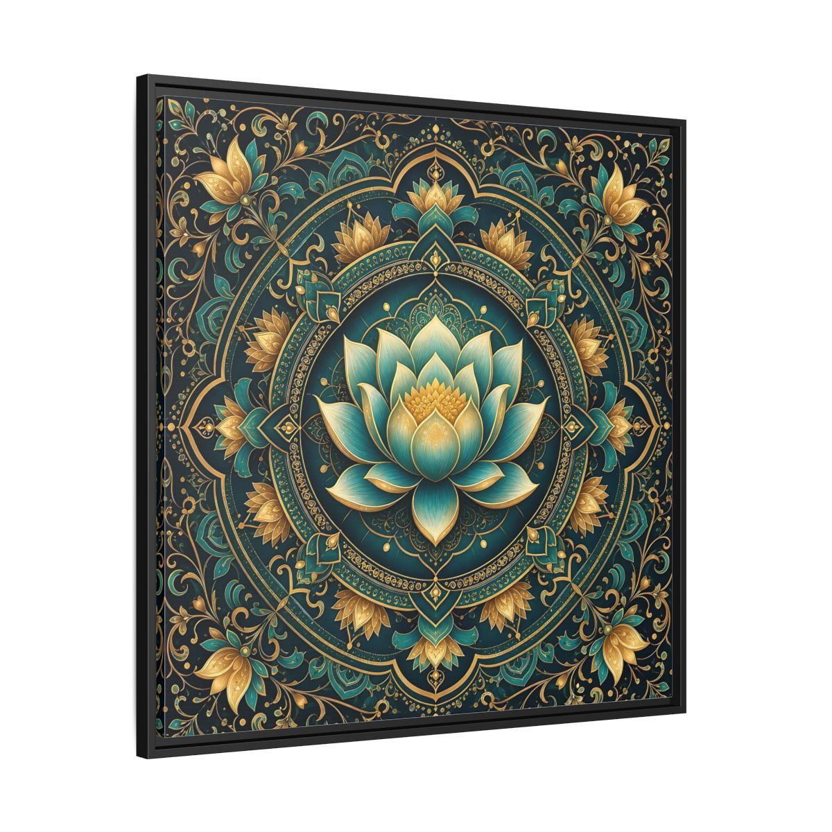 Side Mockup 30. Floral Lotus Flower Teal Gold Mandala shown as stretched canvas wall art