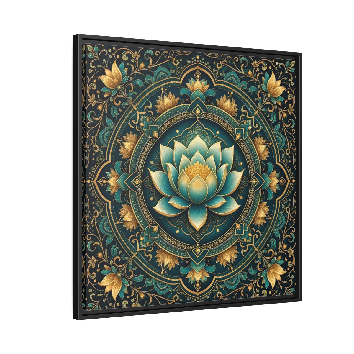 Side Mockup 9. Floral Lotus Flower Teal Gold Mandala shown as stretched canvas wall art