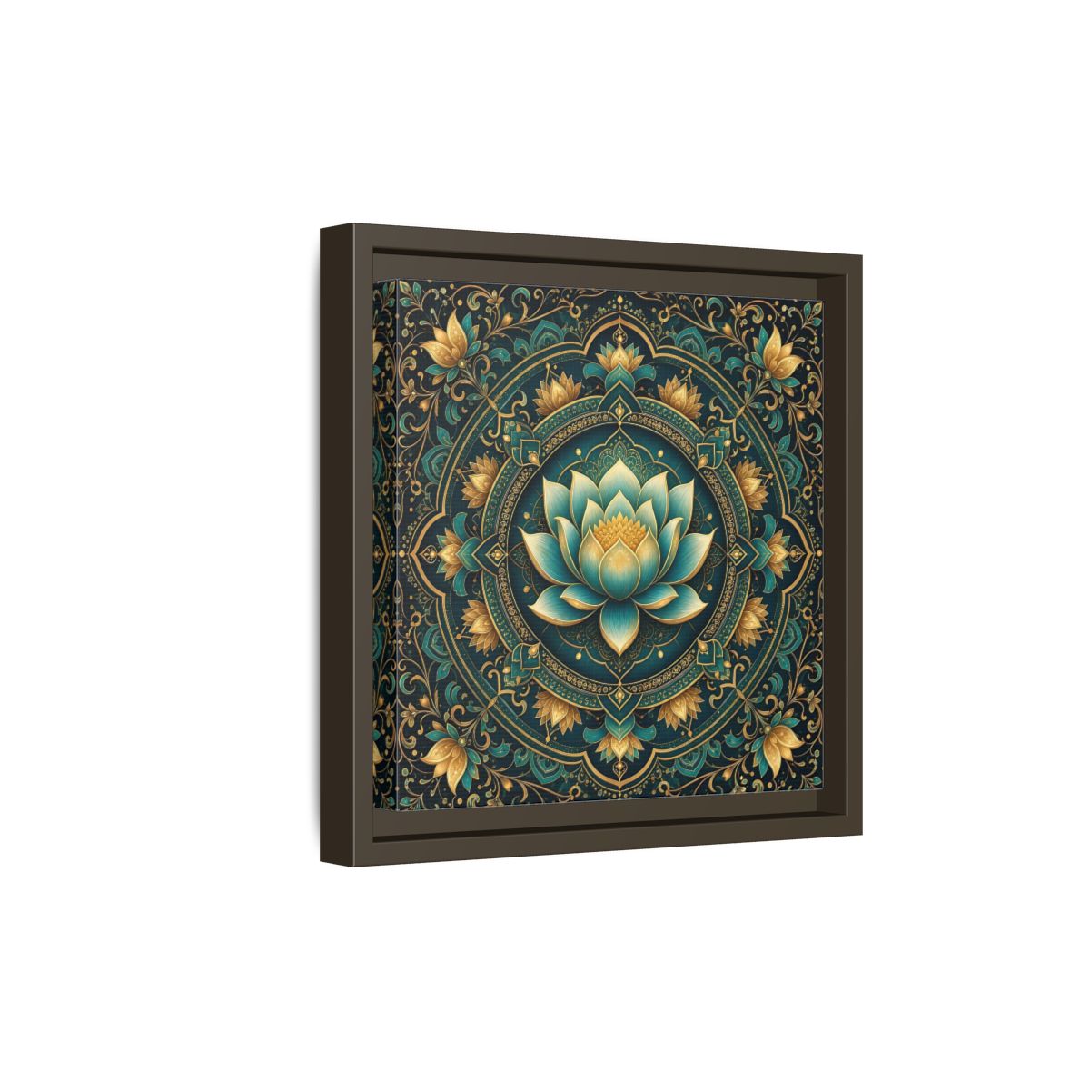 Side Mockup 20. Floral Lotus Flower Teal Gold Mandala shown as stretched canvas wall art