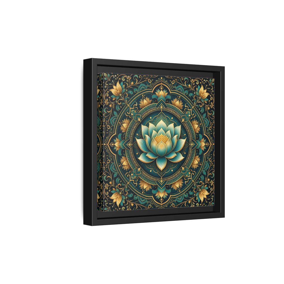 Side Mockup 21. Floral Lotus Flower Teal Gold Mandala shown as stretched canvas wall art