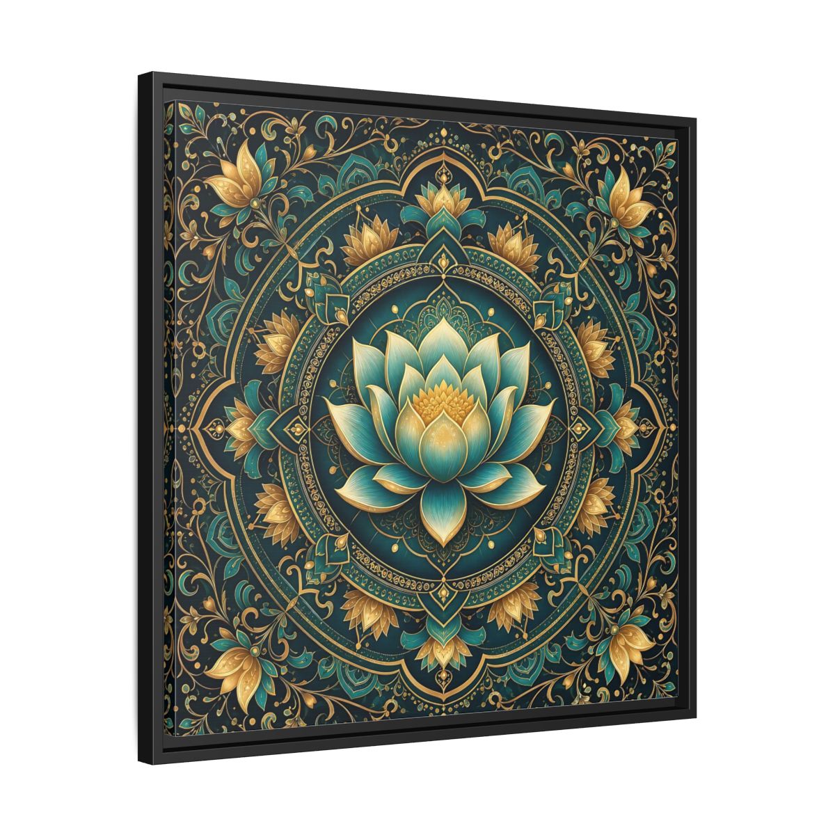 Side Mockup 31. Floral Lotus Flower Teal Gold Mandala shown as stretched canvas wall art