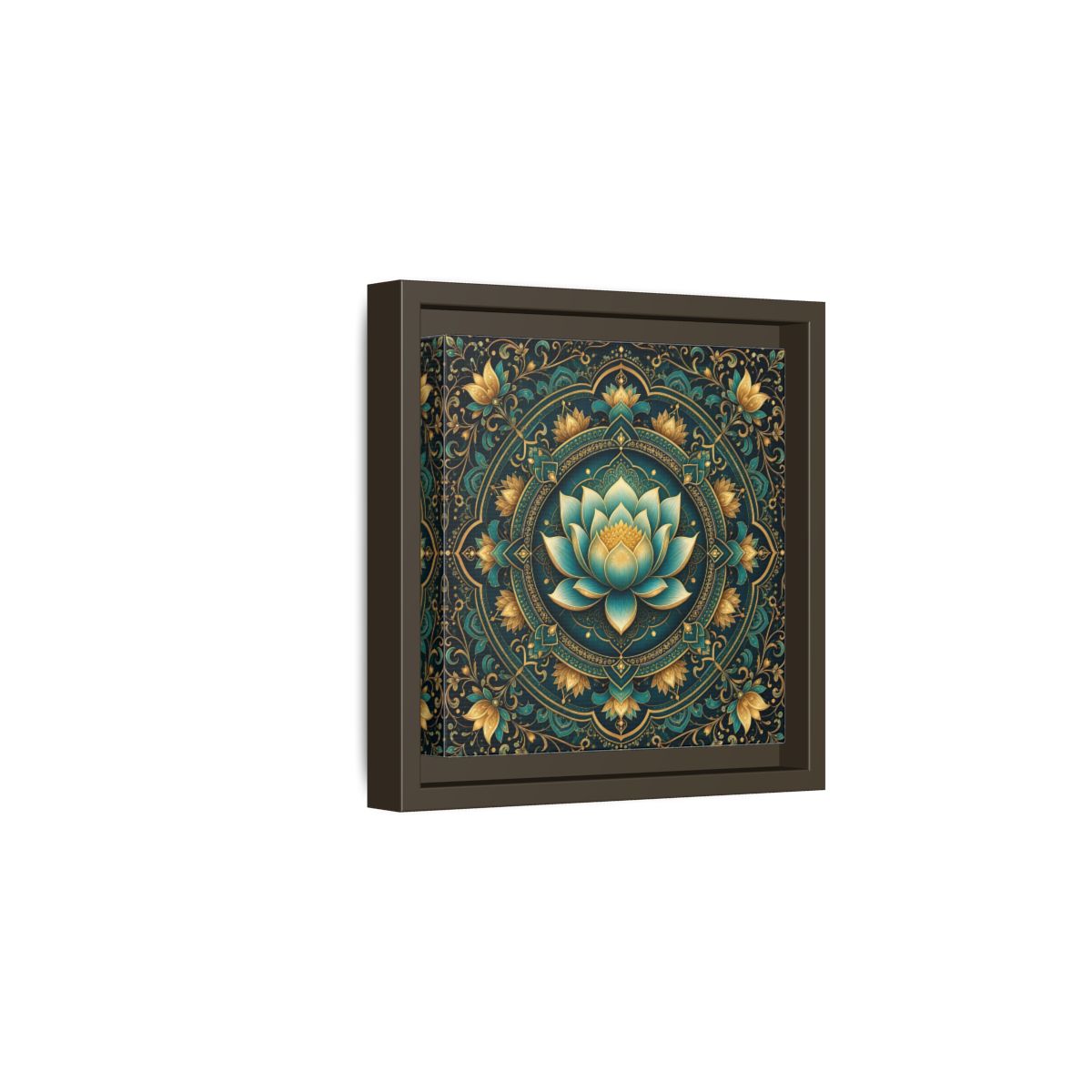 Side Mockup 2. Floral Lotus Flower Teal Gold Mandala shown as stretched canvas wall art