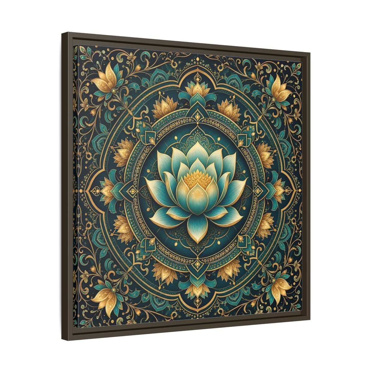 Side Mockup 27. Floral Lotus Flower Teal Gold Mandala shown as stretched canvas wall art