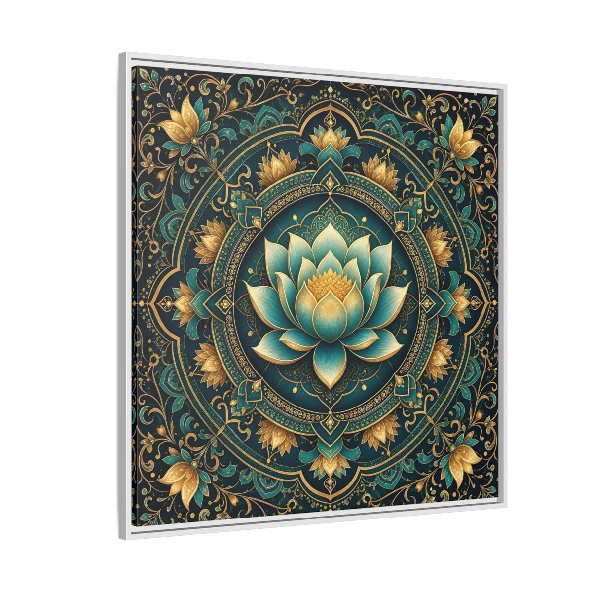 Side Mockup 4. Floral Lotus Flower Teal Gold Mandala shown as stretched canvas wall art