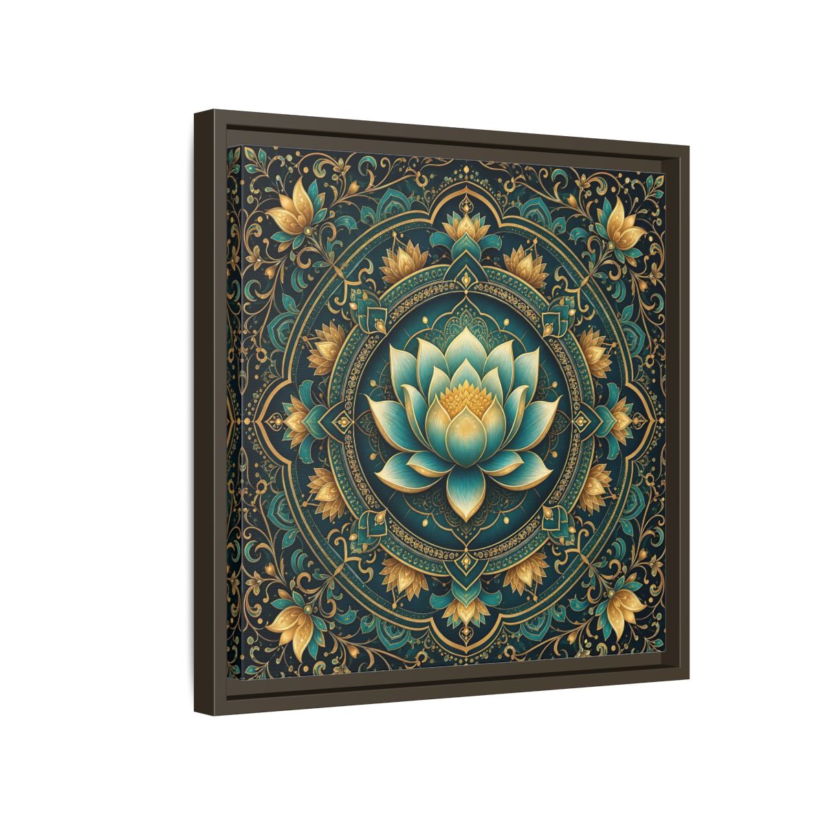 Side Mockup 14. Floral Lotus Flower Teal Gold Mandala shown as stretched canvas wall art