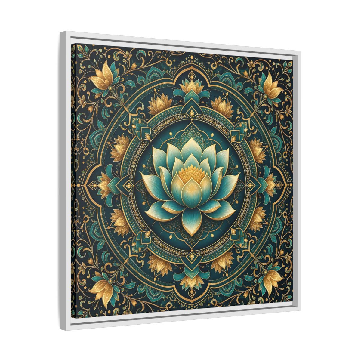 Side Mockup 26. Floral Lotus Flower Teal Gold Mandala shown as stretched canvas wall art