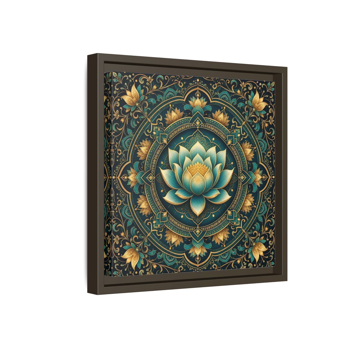 Side Mockup 17. Floral Lotus Flower Teal Gold Mandala shown as stretched canvas wall art