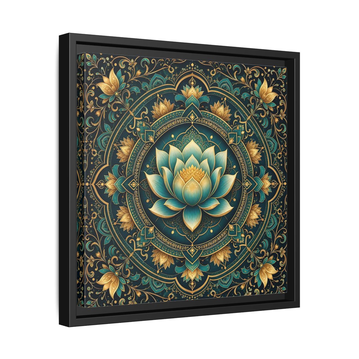 Side Mockup 32. Floral Lotus Flower Teal Gold Mandala shown as stretched canvas wall art