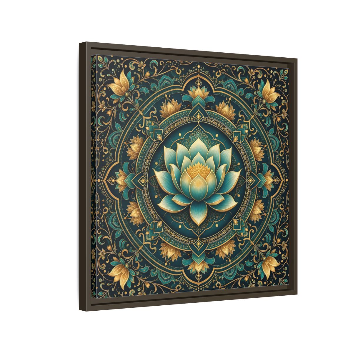 Side Mockup 11. Floral Lotus Flower Teal Gold Mandala shown as stretched canvas wall art