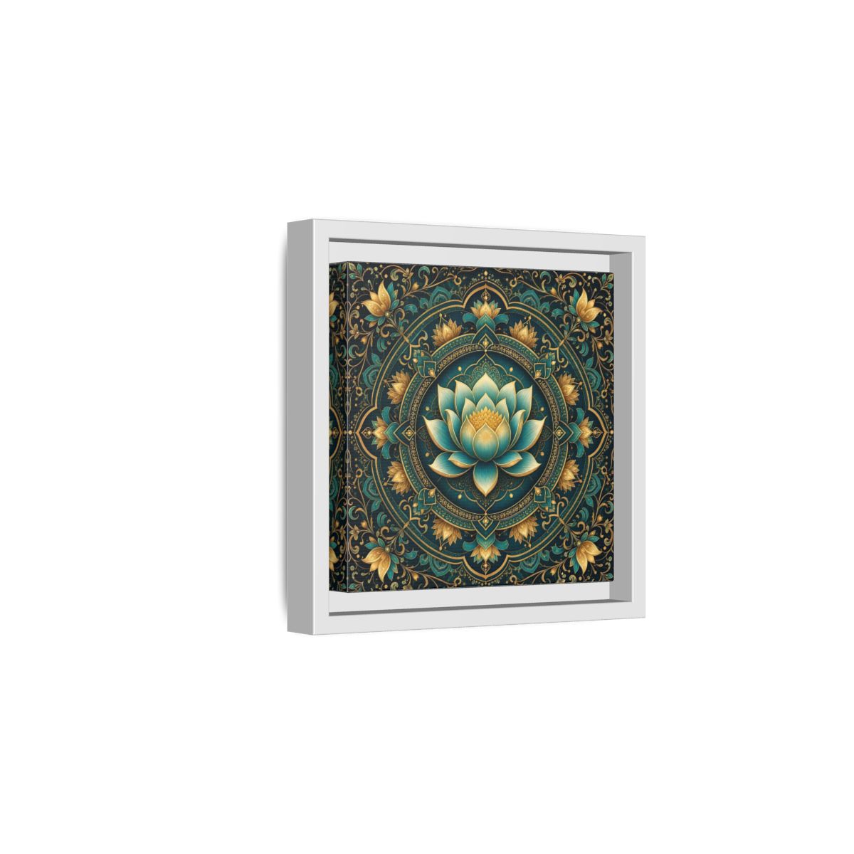 Side Mockup 1. Floral Lotus Flower Teal Gold Mandala shown as stretched canvas wall art