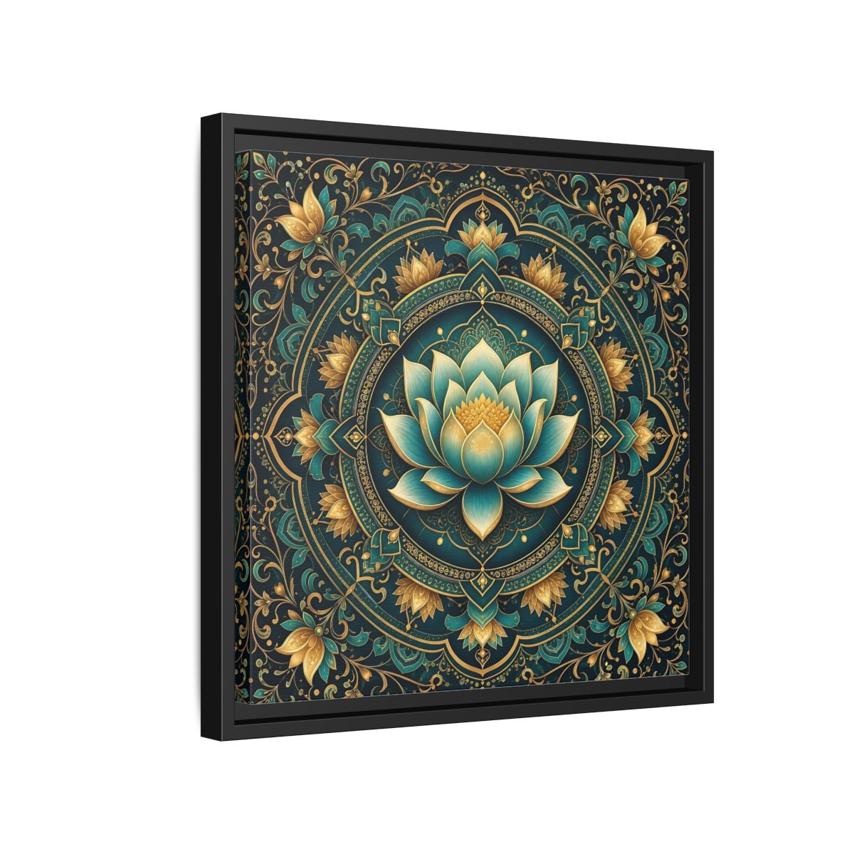 Side Mockup 15. Floral Lotus Flower Teal Gold Mandala shown as stretched canvas wall art