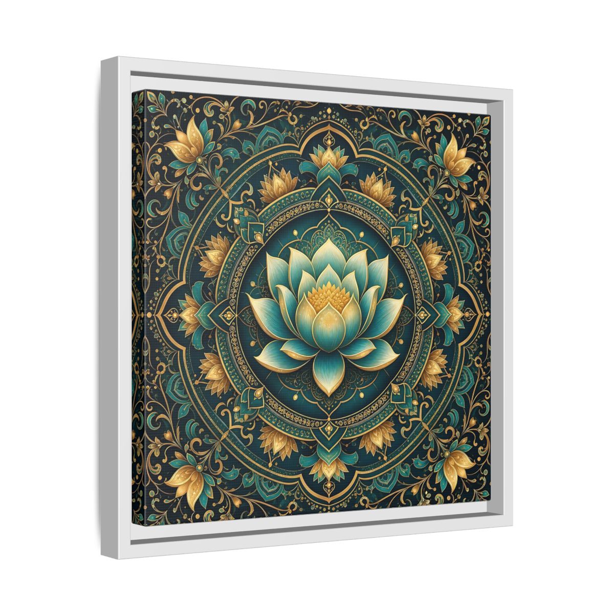 Side Mockup 28. Floral Lotus Flower Teal Gold Mandala shown as stretched canvas wall art