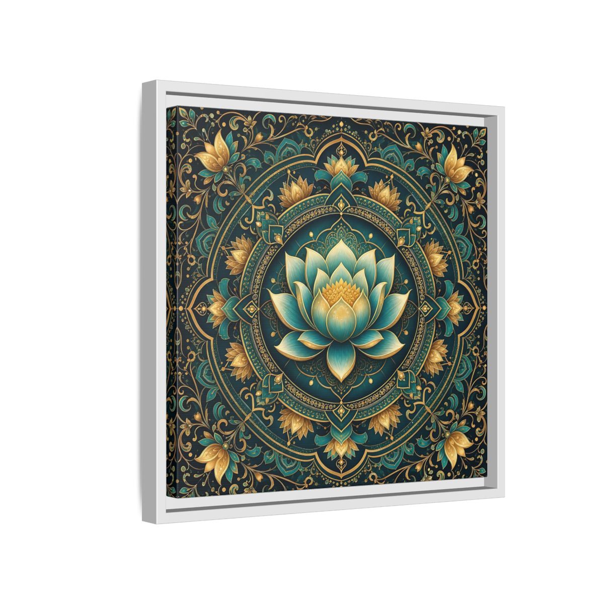 Side Mockup 13. Floral Lotus Flower Teal Gold Mandala shown as stretched canvas wall art