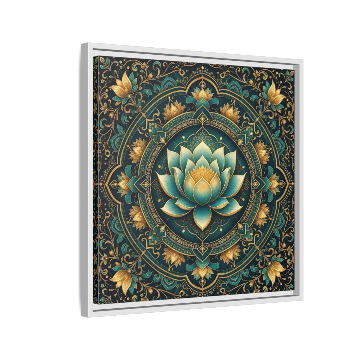 Side Mockup 10. Floral Lotus Flower Teal Gold Mandala shown as stretched canvas wall art