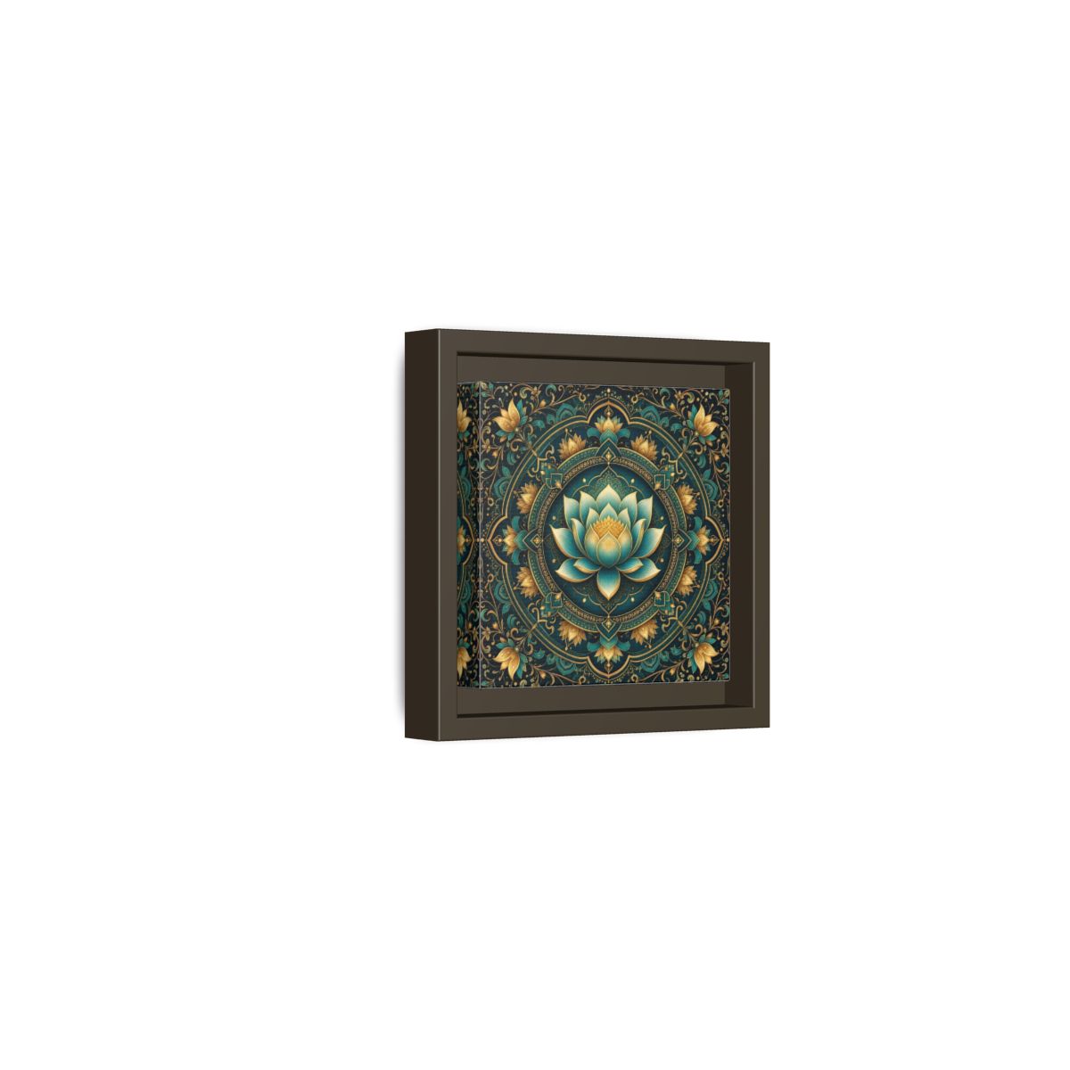 Side Mockup 23. Floral Lotus Flower Teal Gold Mandala shown as stretched canvas wall art