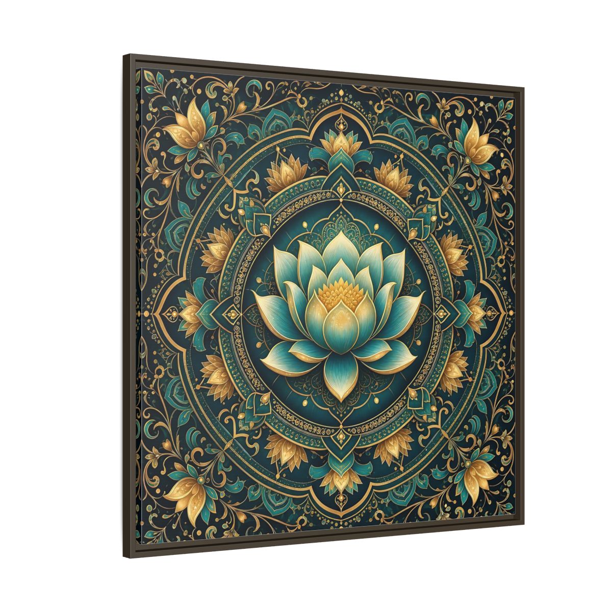 Side Mockup 5. Floral Lotus Flower Teal Gold Mandala shown as stretched canvas wall art