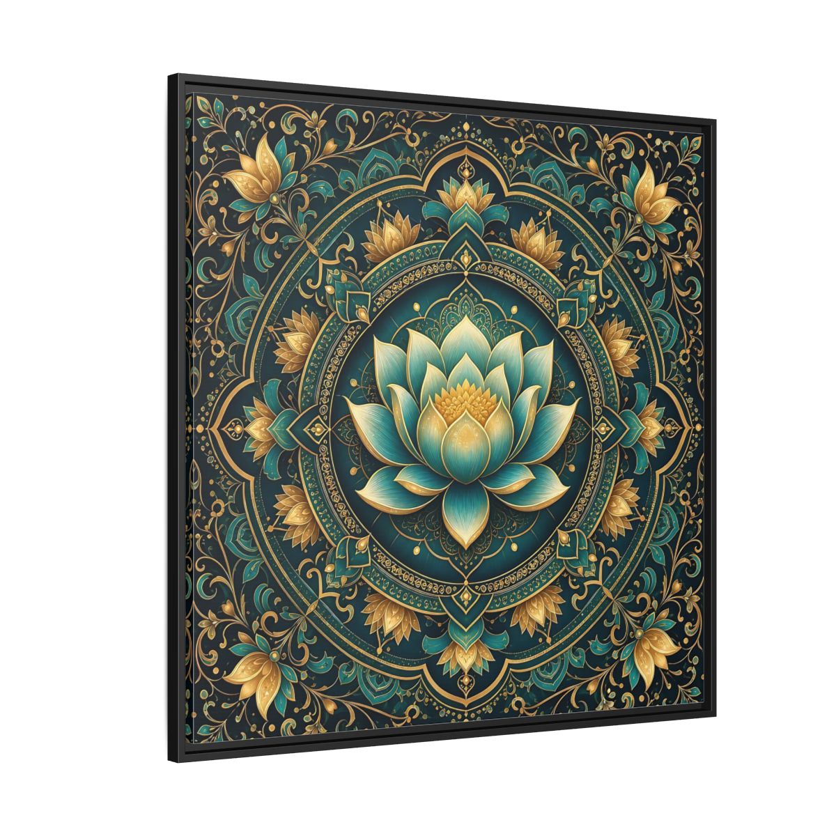 Side Mockup 6. Floral Lotus Flower Teal Gold Mandala shown as stretched canvas wall art