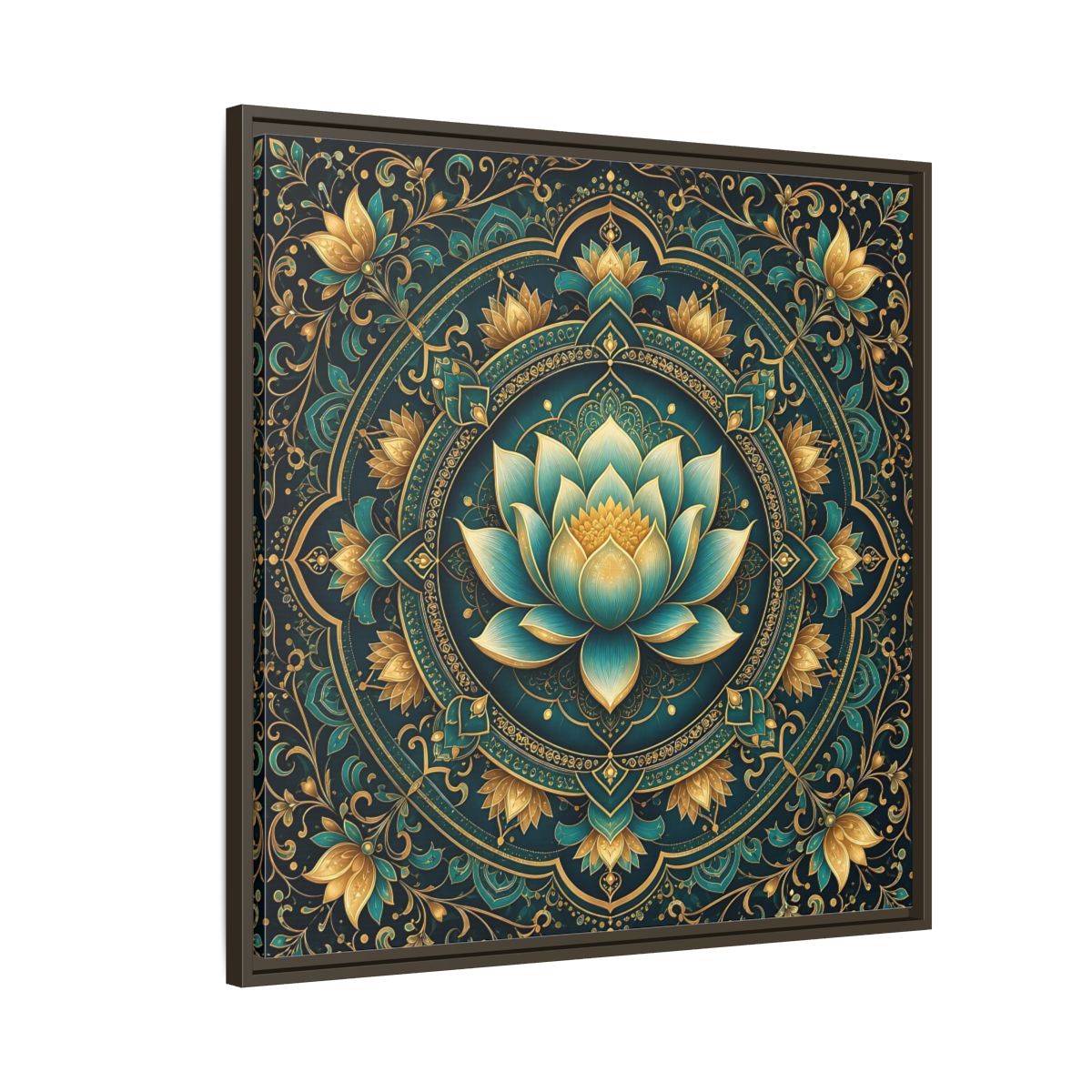Side Mockup 8. Floral Lotus Flower Teal Gold Mandala shown as stretched canvas wall art