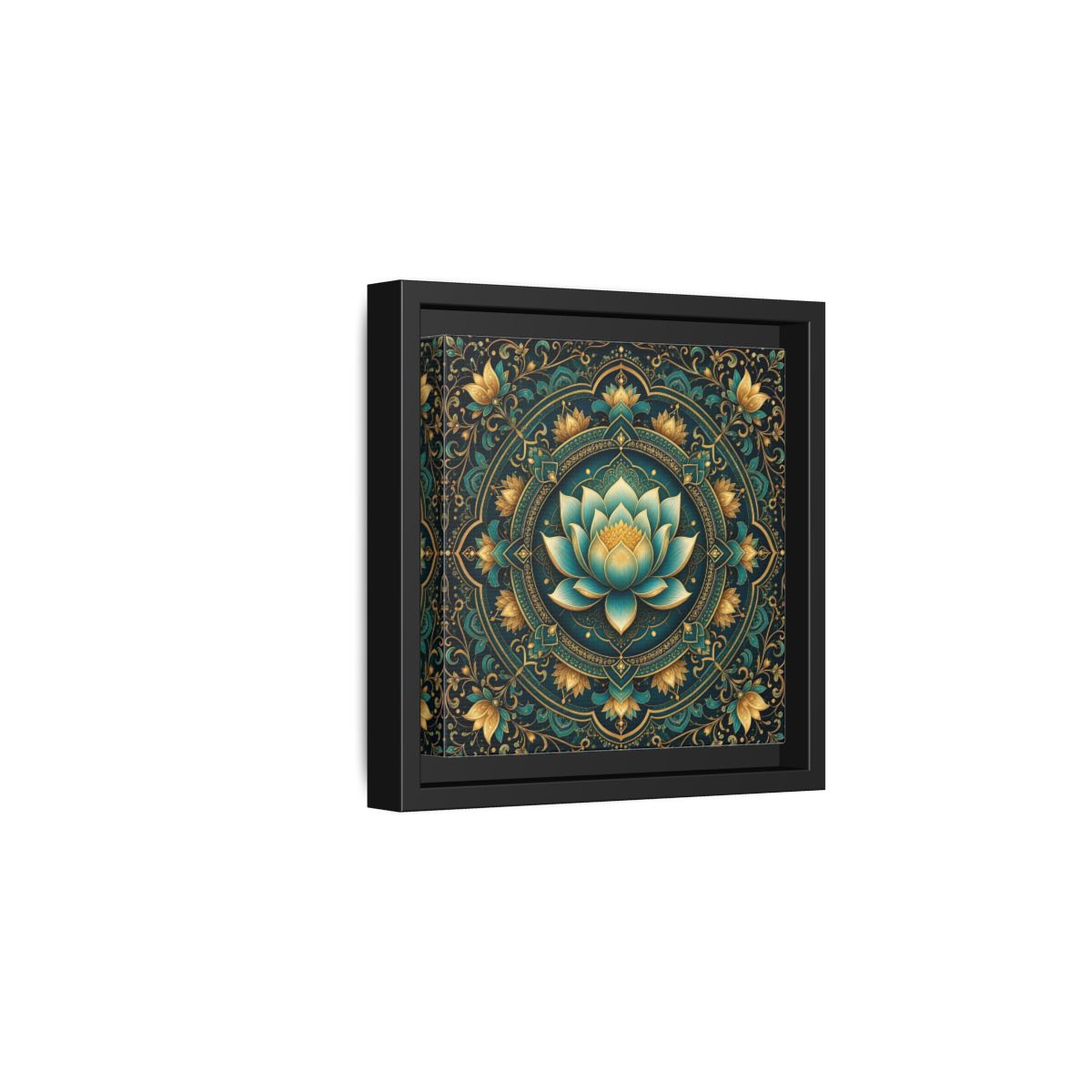 Side Mockup 3. Floral Lotus Flower Teal Gold Mandala shown as stretched canvas wall art