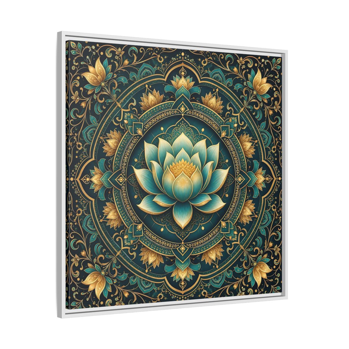 Side Mockup 25. Floral Lotus Flower Teal Gold Mandala shown as stretched canvas wall art